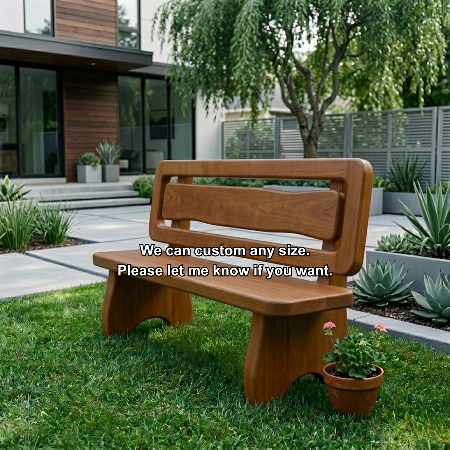 Solid Wood Outdoor Bench with Double Slat Back Modern Garden Patio Seating
