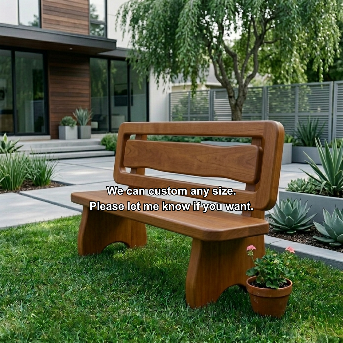 Solid Wood Outdoor Bench with Double Slat Back Modern Garden Patio Seating