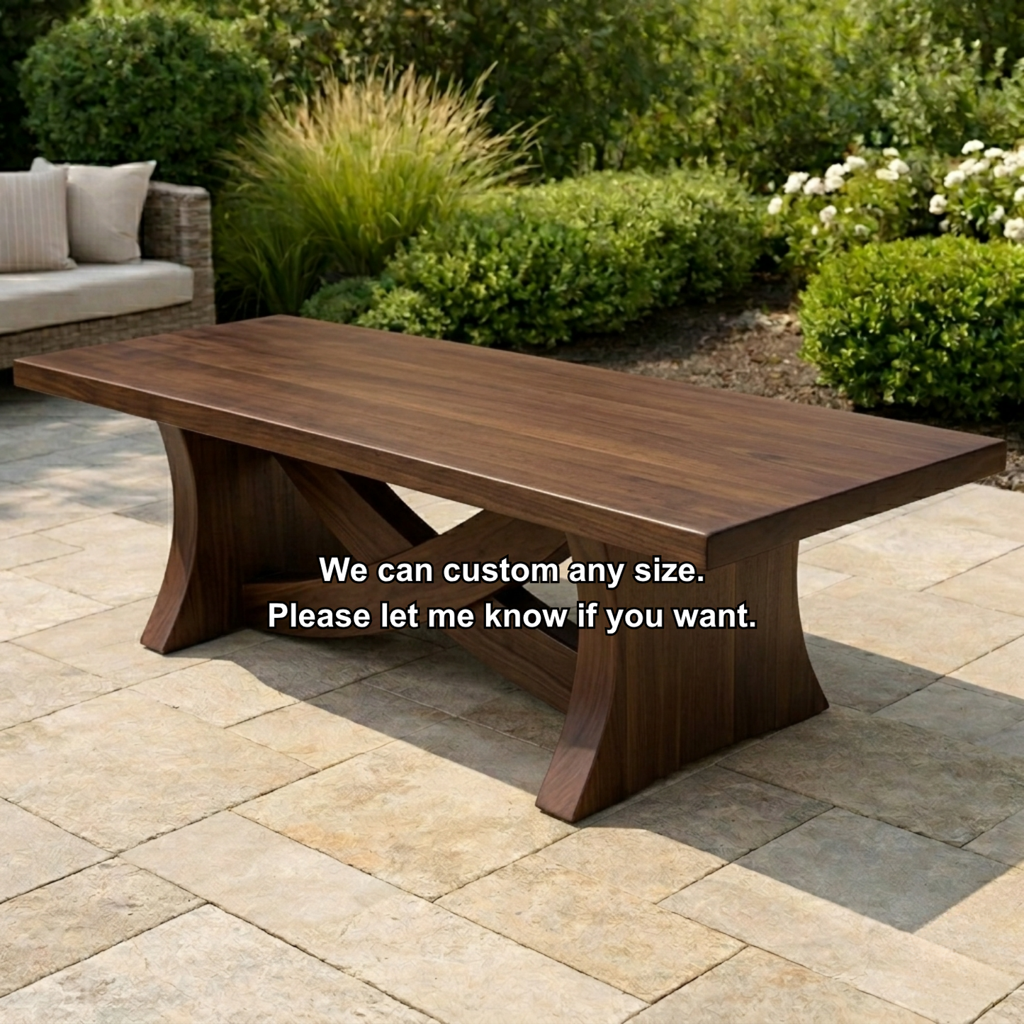 Solid Wood Outdoor Dining Table Rectangular Top with Sculptural Curved Cross Base