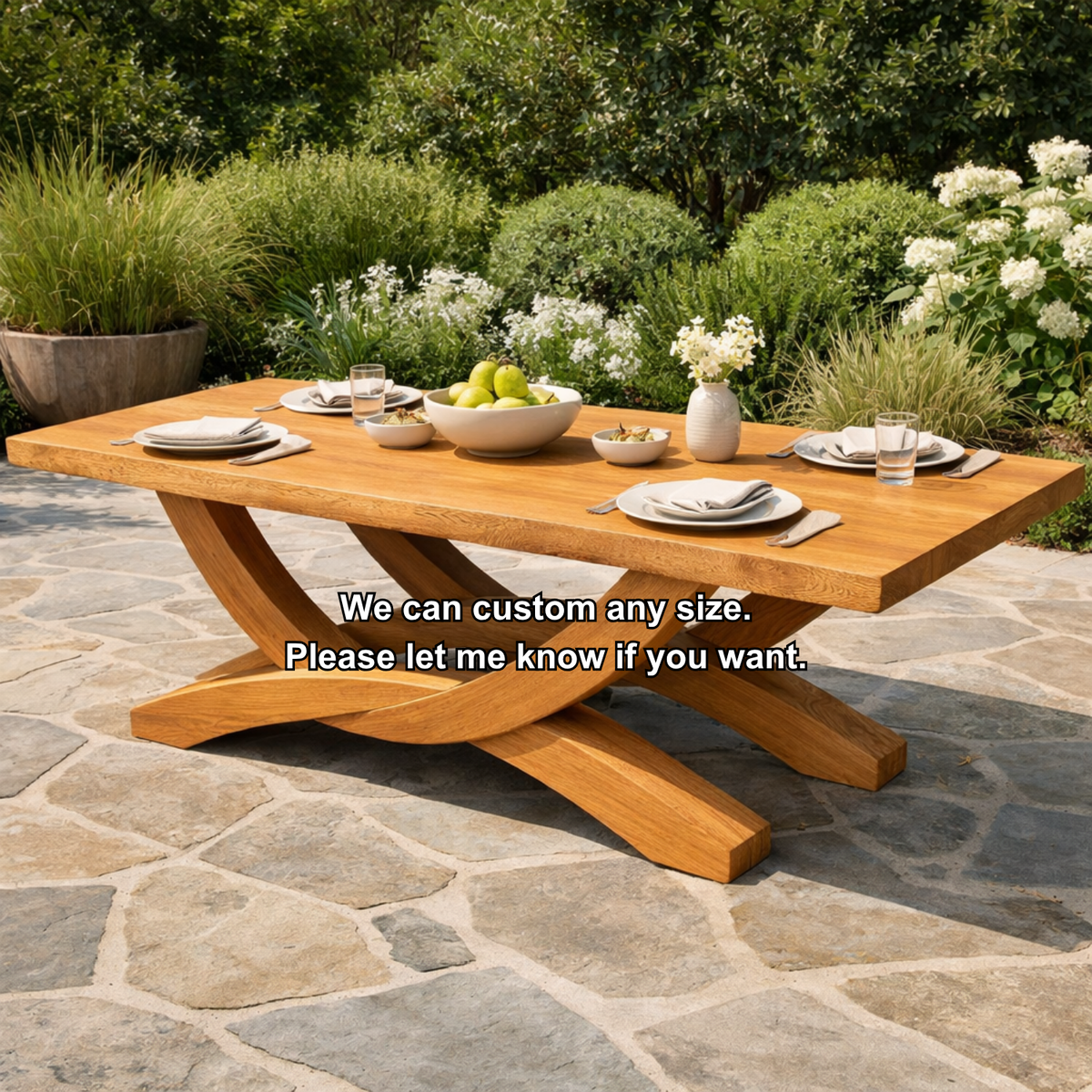 Solid Wood Outdoor Dining Table Rectangular Top with Sculptural Cross Base