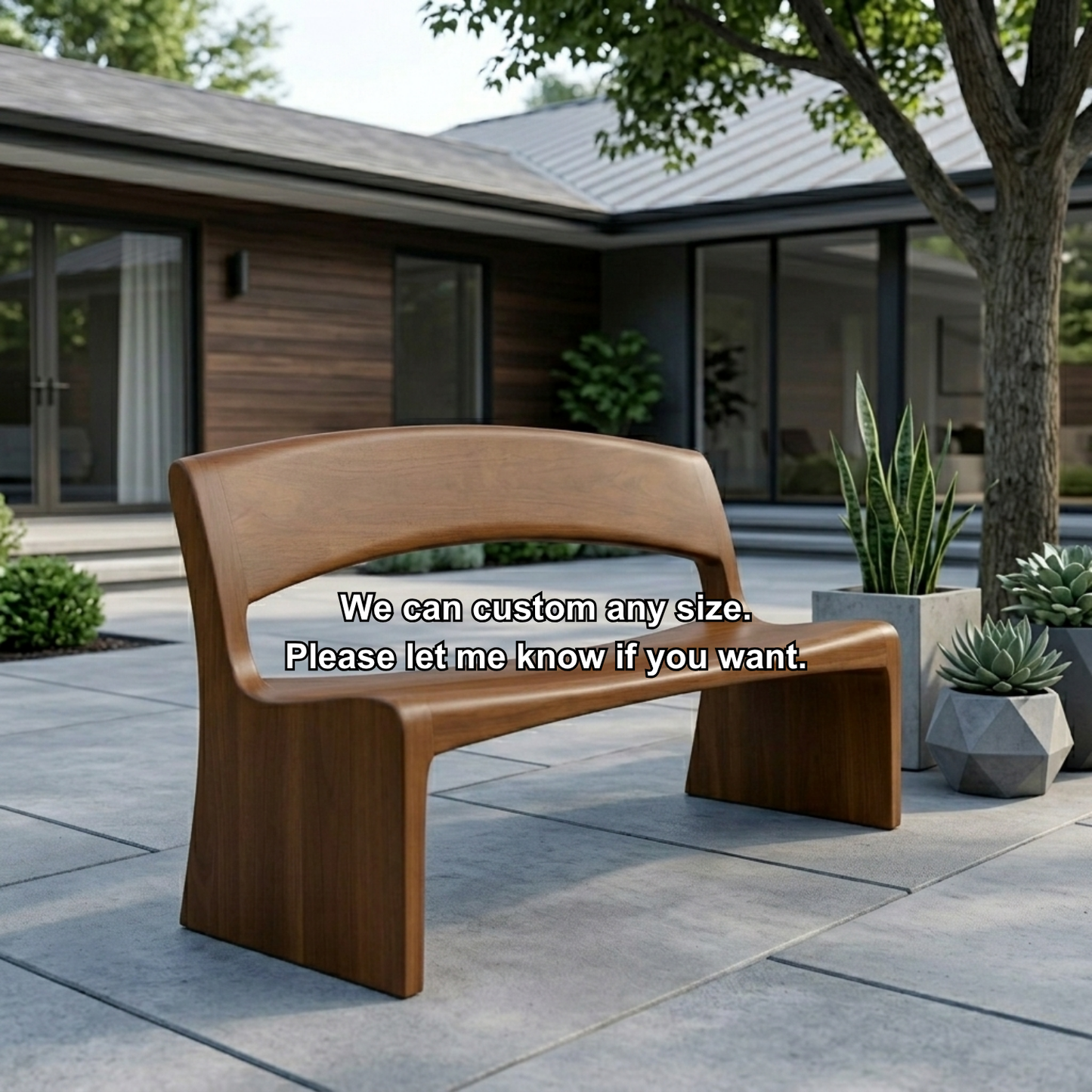 Solid Wood Outdoor Bench with Open Back Curve Modern Patio Garden Seating