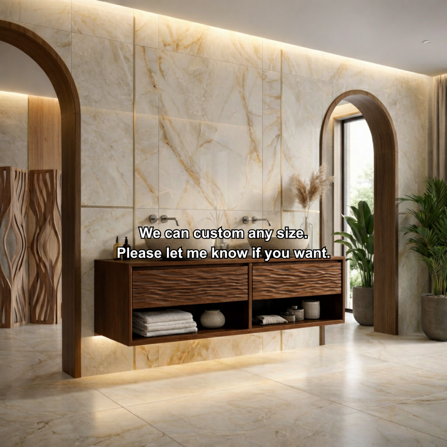 Floating Solid Wood Bathroom Vanity with Wave Front and Open Shelf Storage