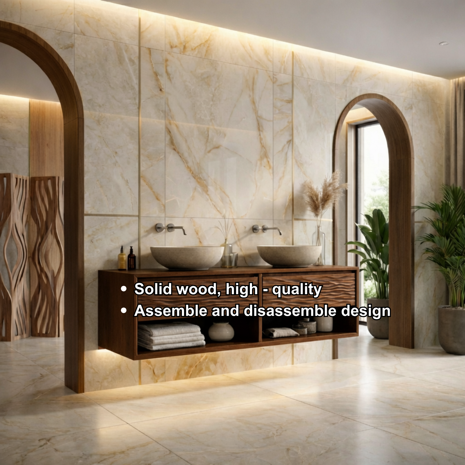Floating Solid Wood Bathroom Vanity with Wave Front and Open Shelf Storage