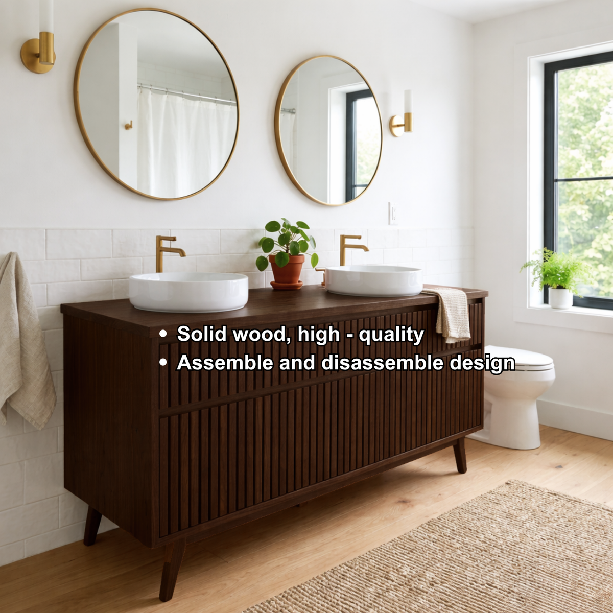 Solid Wood Double Bathroom Vanity Fluted Panel Mid-Century Freestanding Cabinet