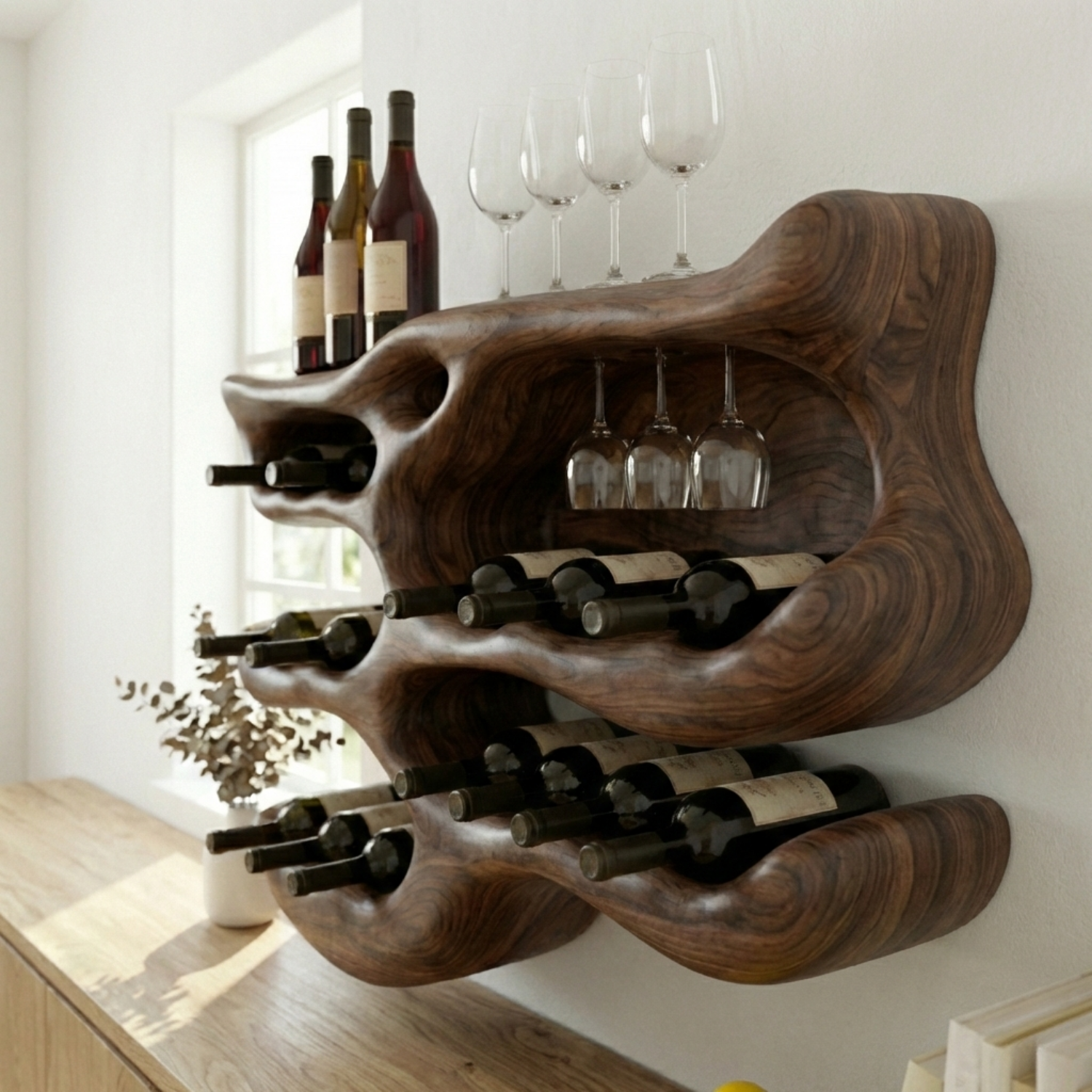 Handcrafted Solid Wood Wall Wine Holder – Sculptural Wine Rack with Glass Storage