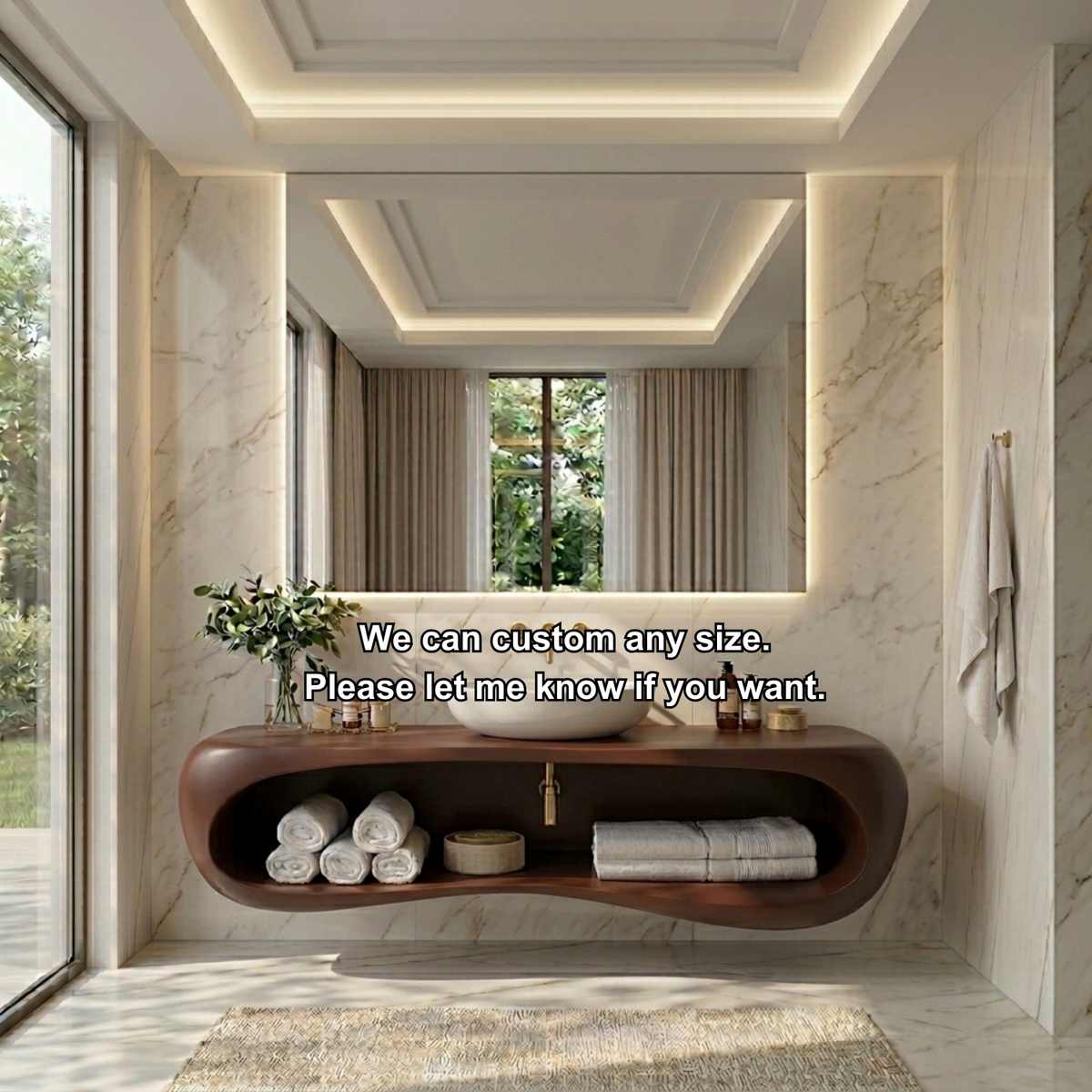 Solid Wood Floating Bathroom Vanity with Curved Open Shelf – Modern Wall Mounted Vanity Kitchnce