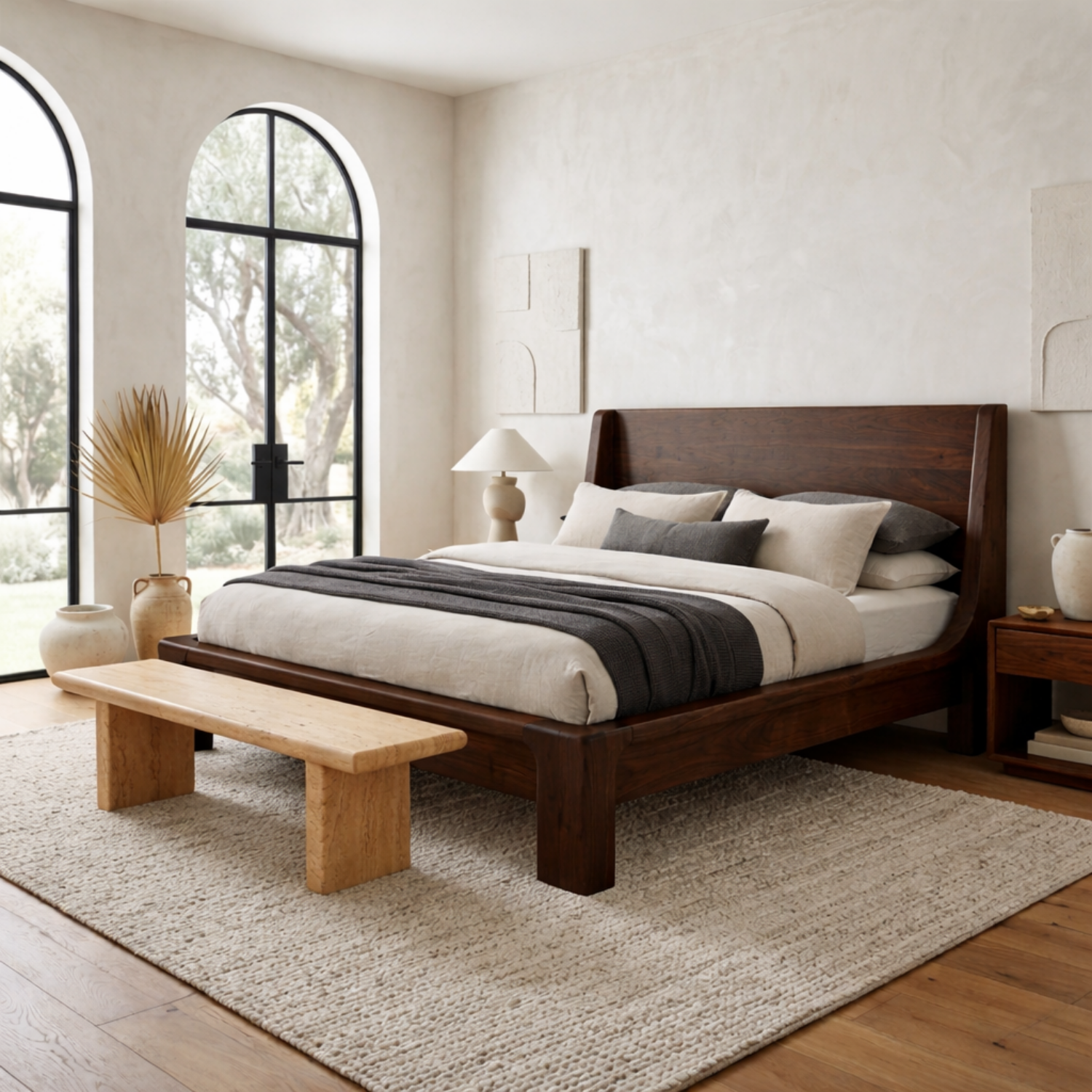 Solid Wood Platform Bed Frame with Curved Wingback Headboard