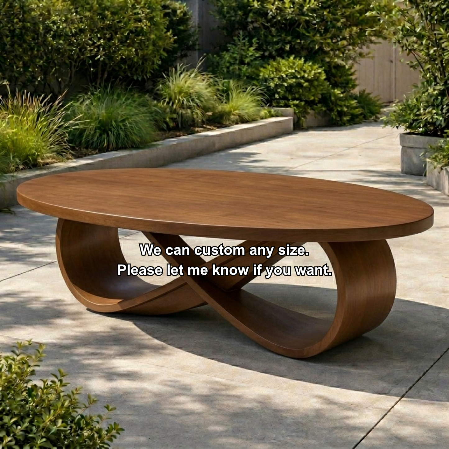 Solid Wood Outdoor Dining Table Oval Top with Sculptural Curved Loop Base