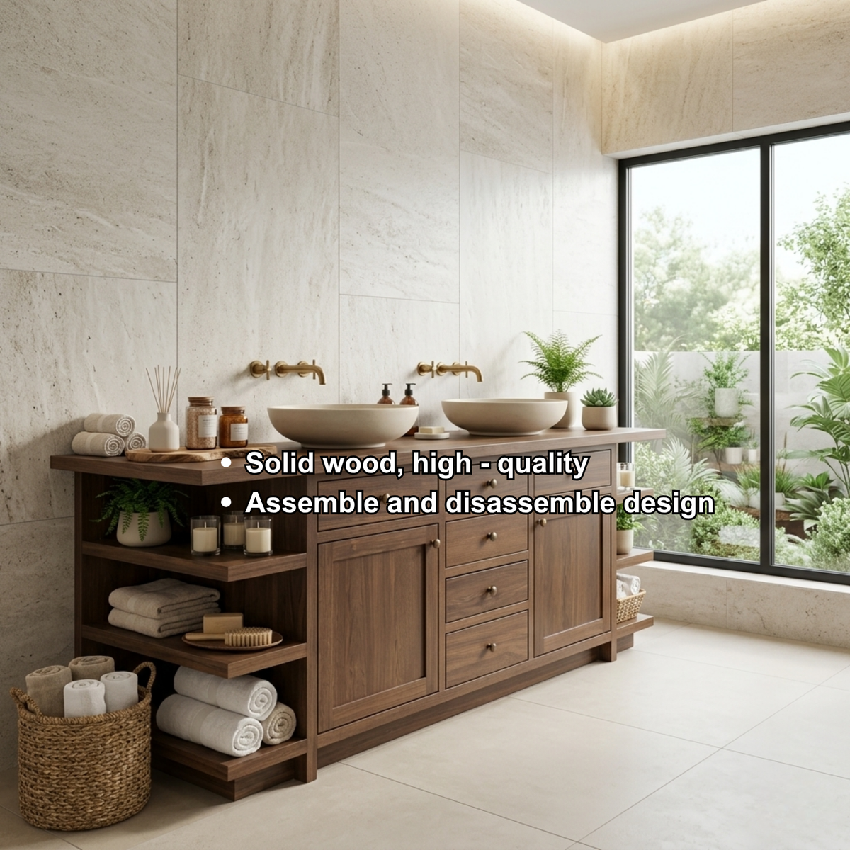 Double Solid Wood Bathroom Vanity - Handcrafted Farmhouse Cabinet with Side Shelves