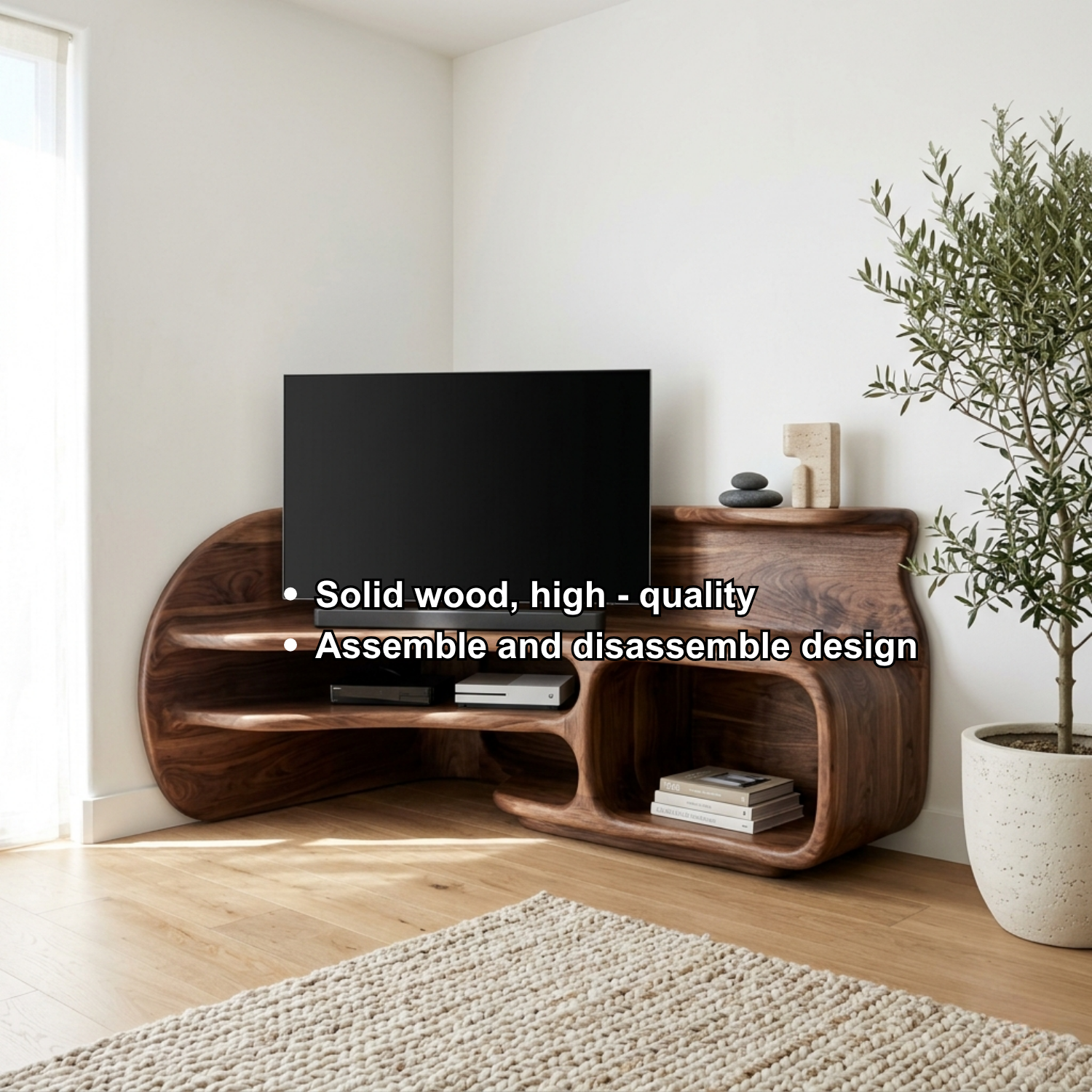 Sculptural Solid Wood Corner TV Stand with Organic Curves and Open Storage