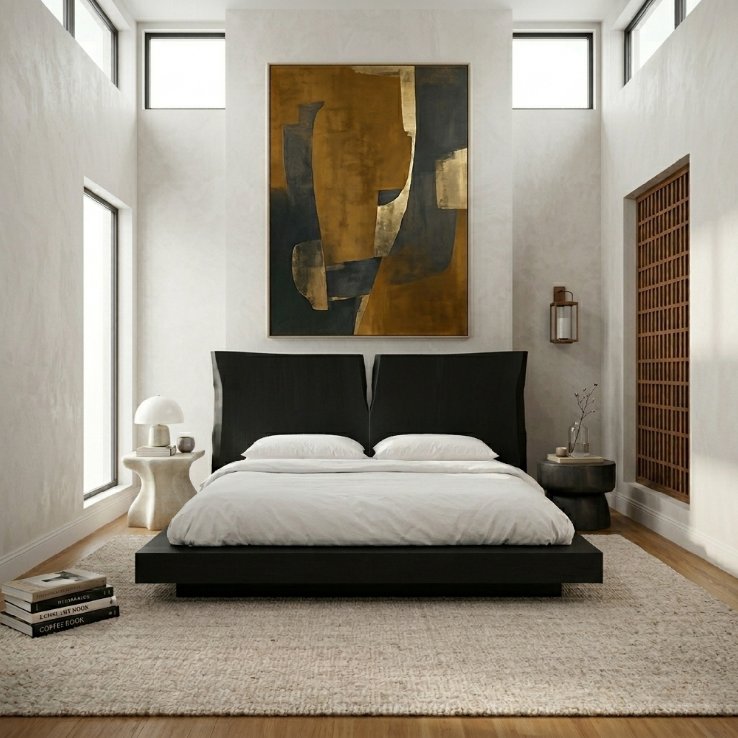 Solid Wood Platform Bed Frame with Sculpted Split Headboard