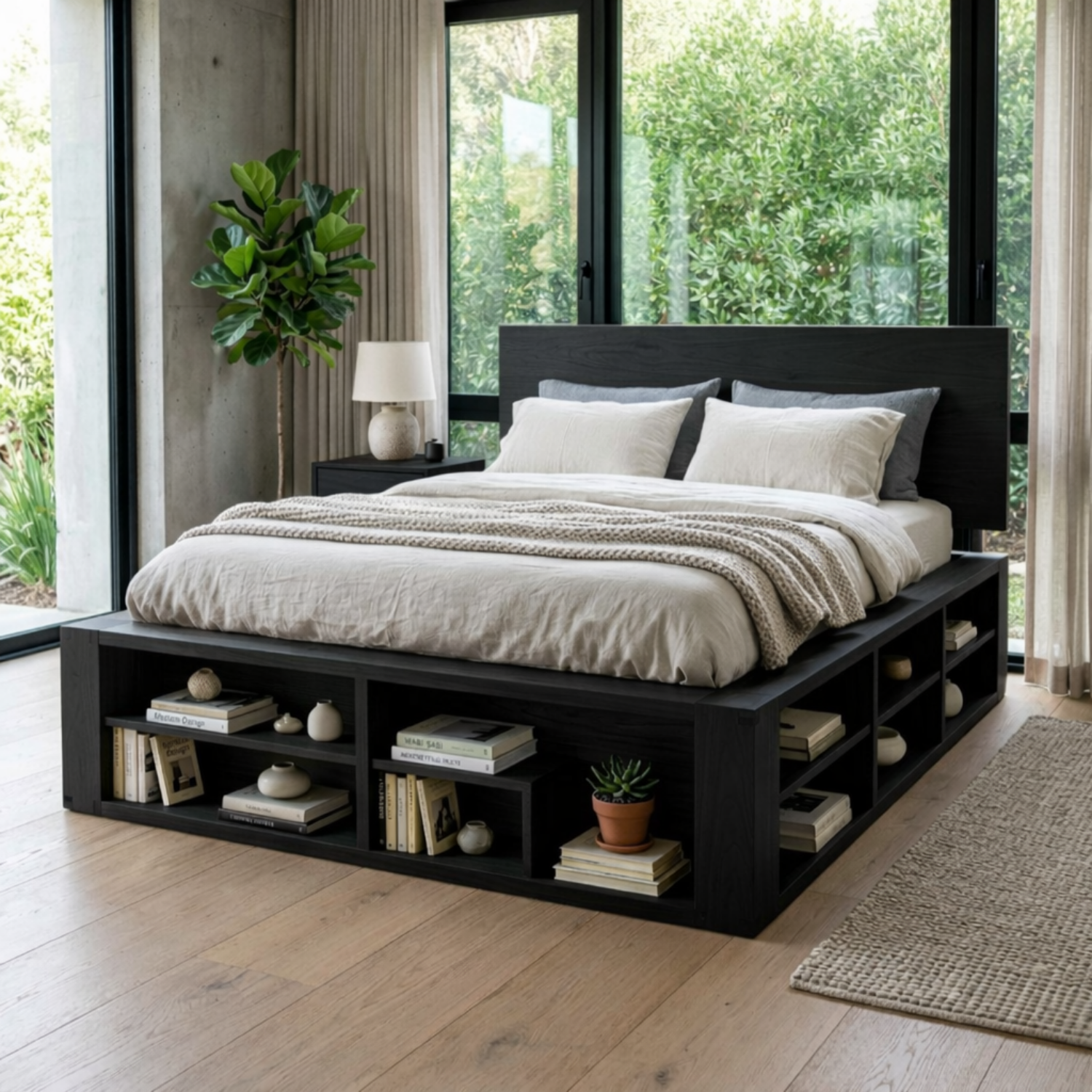 Solid Wood Platform Bed Frame with Built-In Open Shelf Storage Base