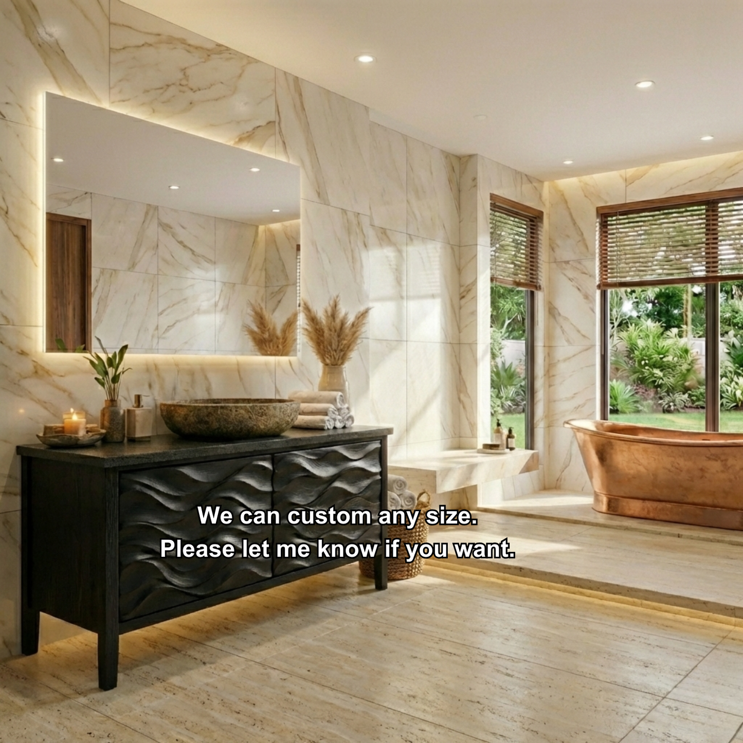 Freestanding Solid Wood Bathroom Vanity with Carved Wave Doors