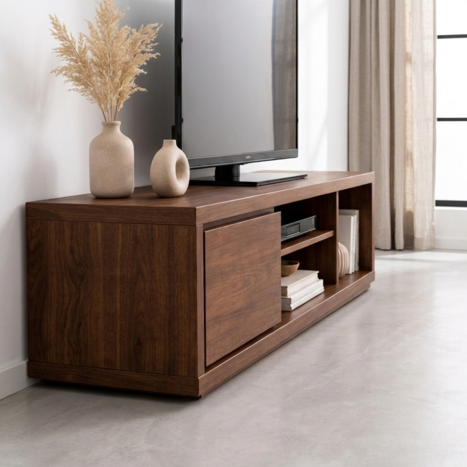 Solid Wood TV Stand with Sliding Door and Open Shelves – Modern Media Console