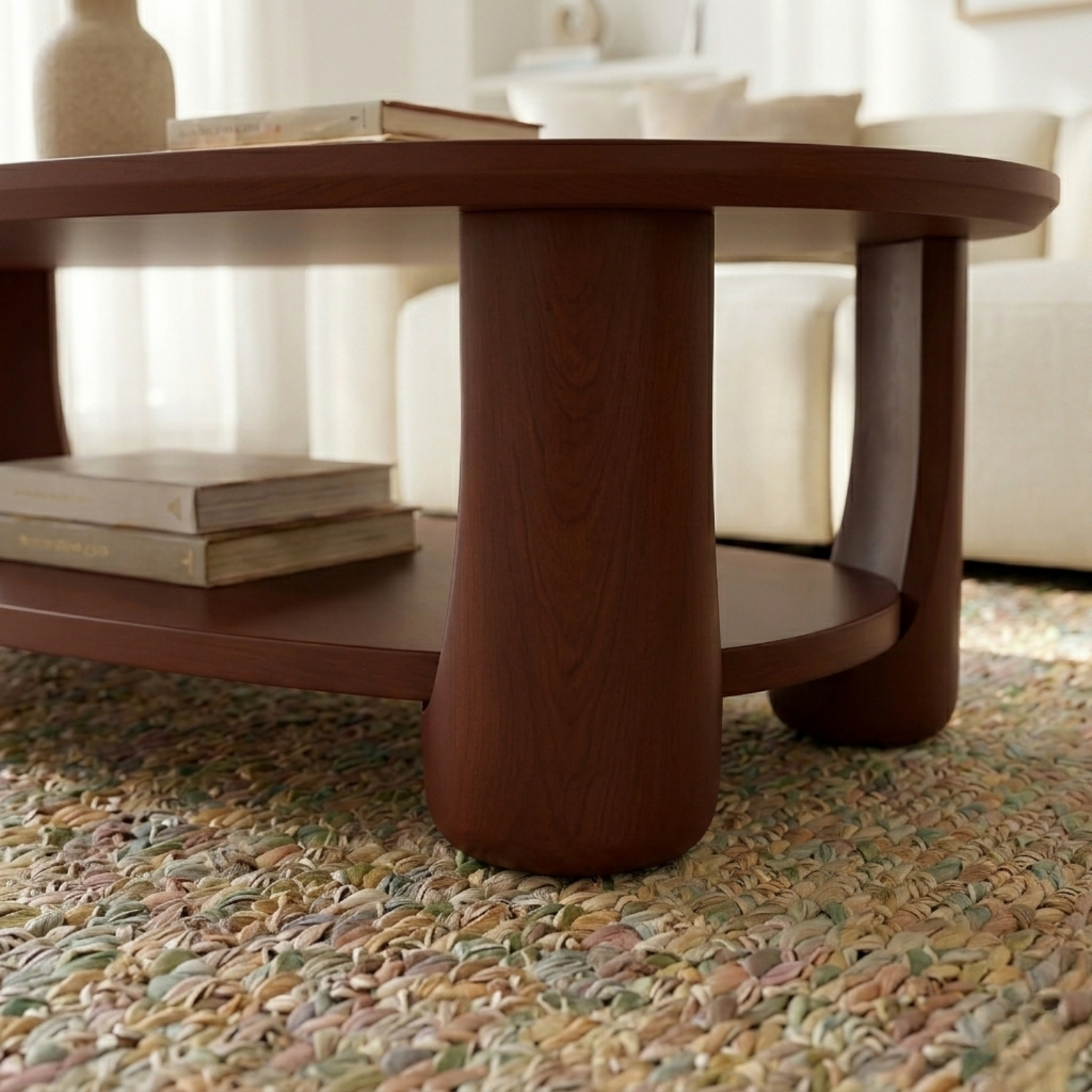 Solid Wood Oval Coffee Table with Shelf – Modern Minimalist Living Room Table
