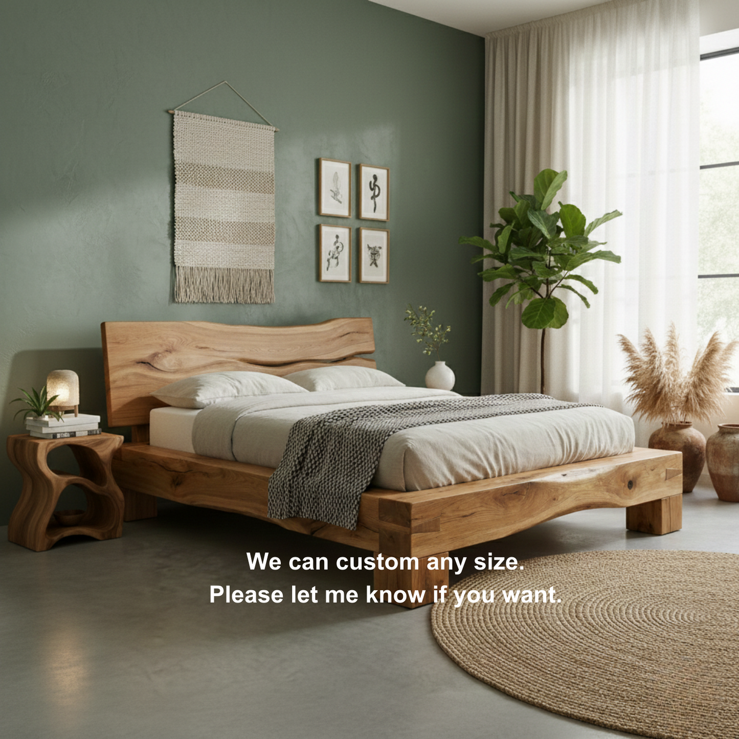 Handcrafted Solid Wood Live-Edge Bed Frame with Organic Natural Headboard Kitchnce