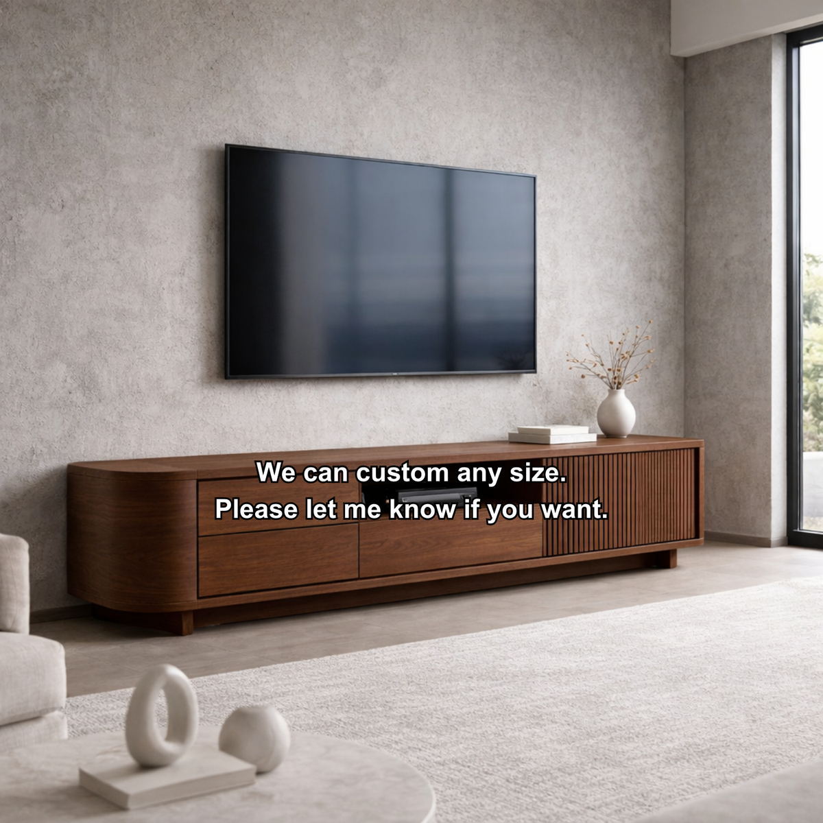 Solid Wood TV Stand with Slatted Door and Drawers – Modern Extra Long Media Console Kitchnce