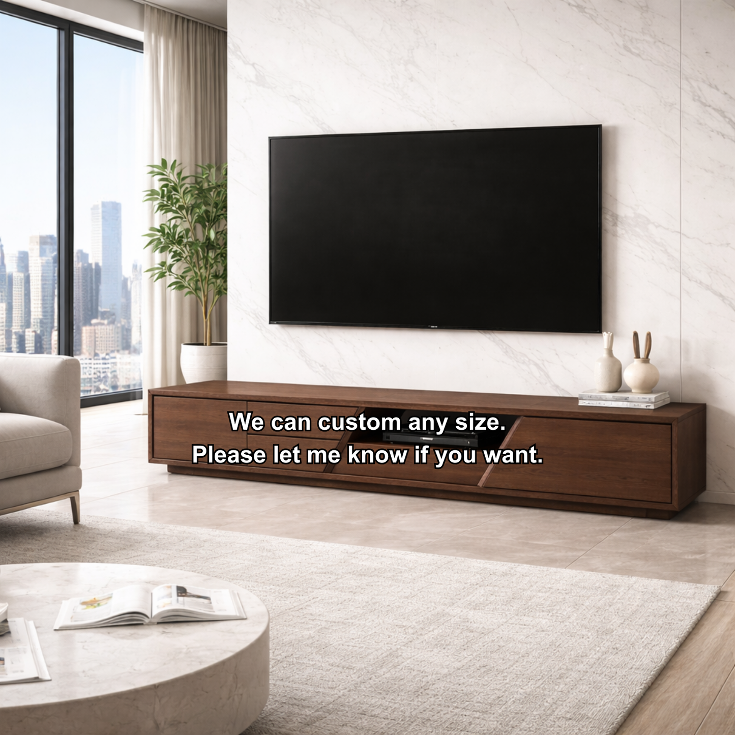 Extra Long Solid Wood TV Stand with Angled Open Shelf – Modern Low Profile Media Console Kitchnce