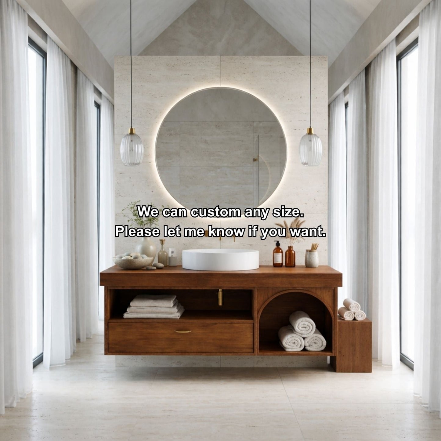 Floating Bathroom Vanity with Open Shelf & Arch Towel Niche – Modern Solid Wood Kitchnce