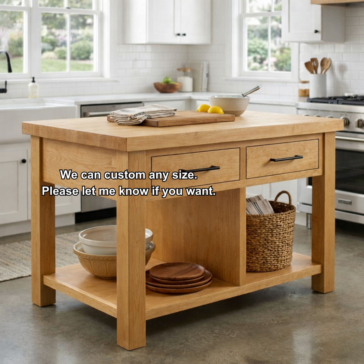 Solid Wood Kitchen Island with 2 Drawers and Open Shelf – Farmhouse Prep Table Kitchnce