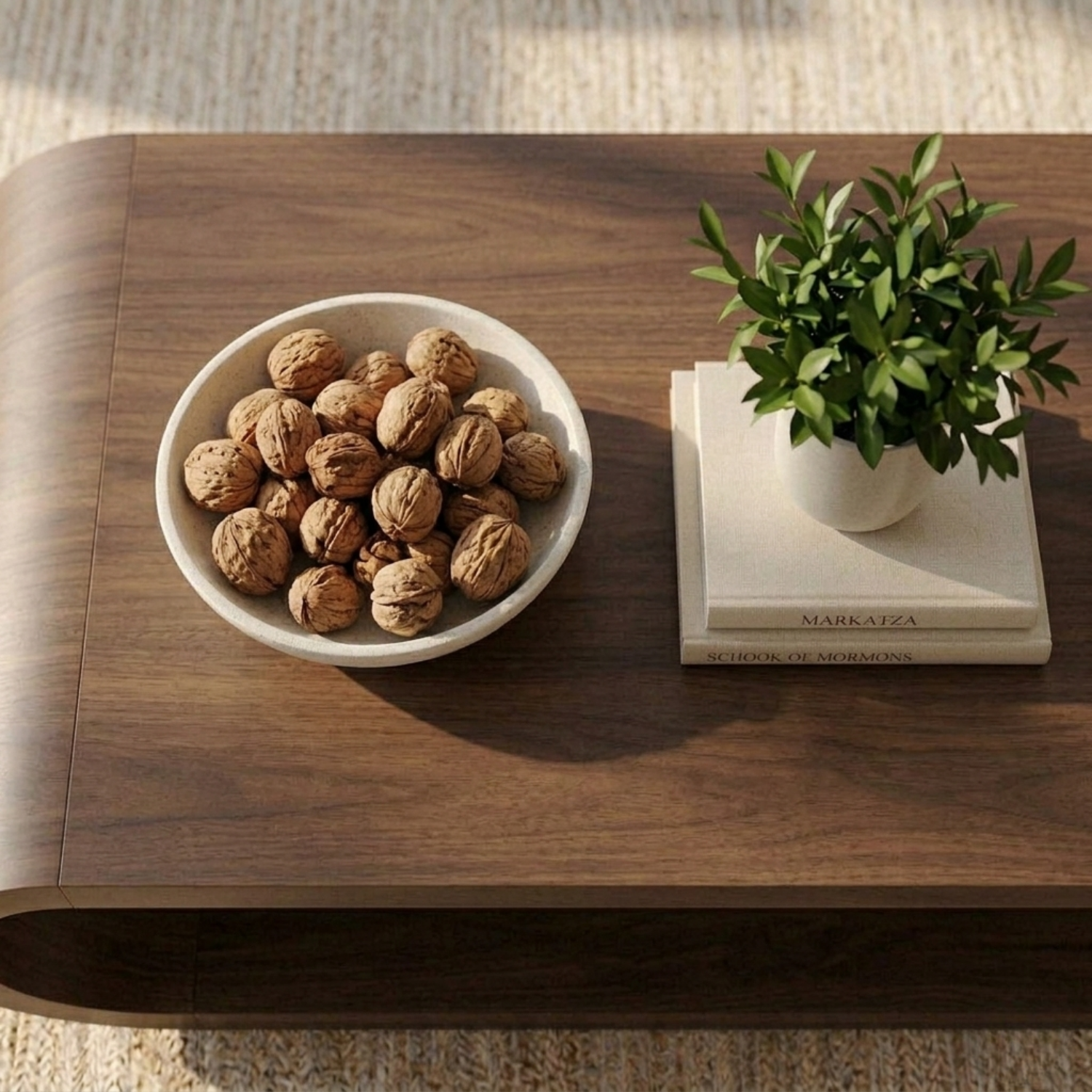 Modern Solid Wood Coffee Table with Curved Base and Storage Shelf for Living Room
