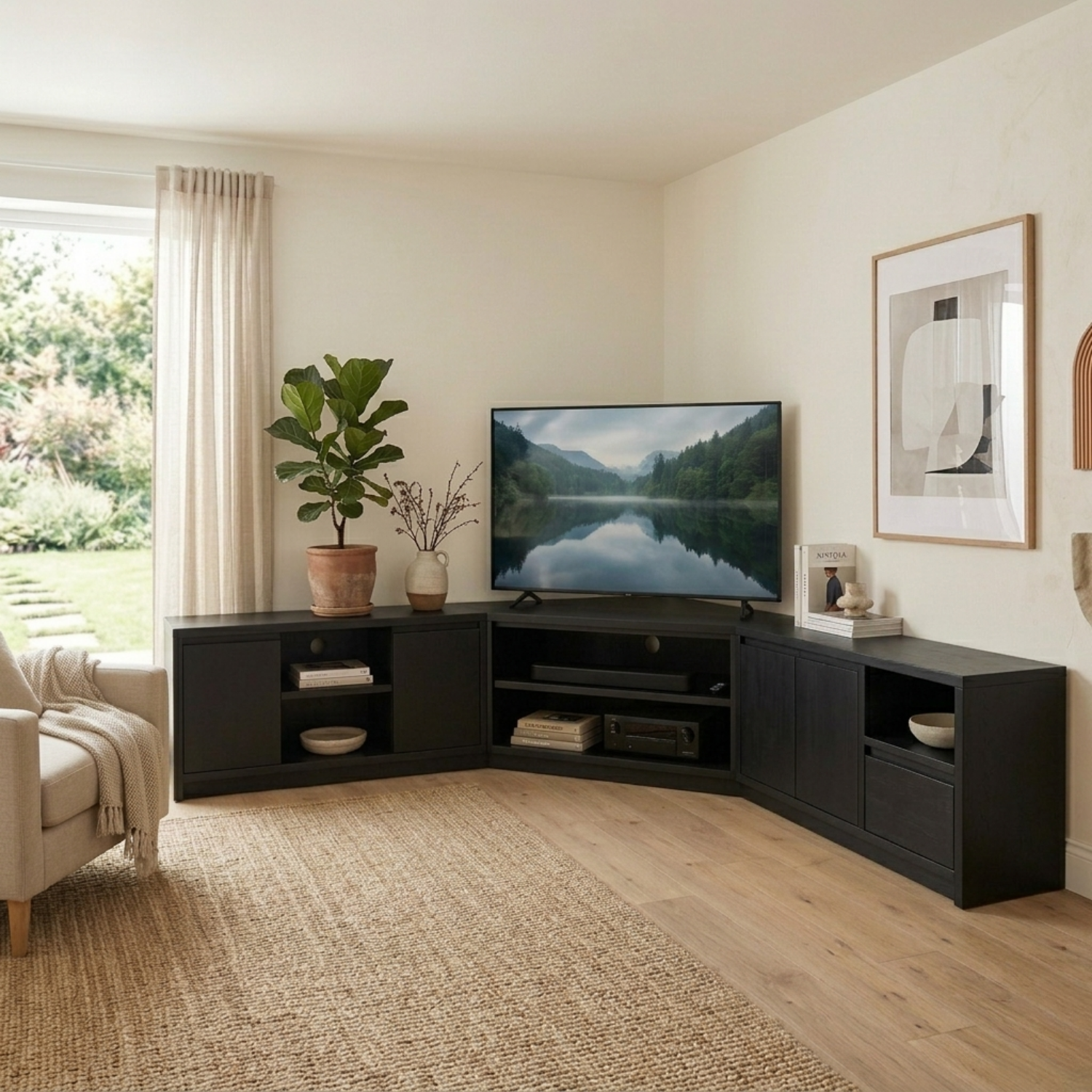 Modular Solid Wood Corner TV Stand with Storage Cabinets and Open Media Shelves