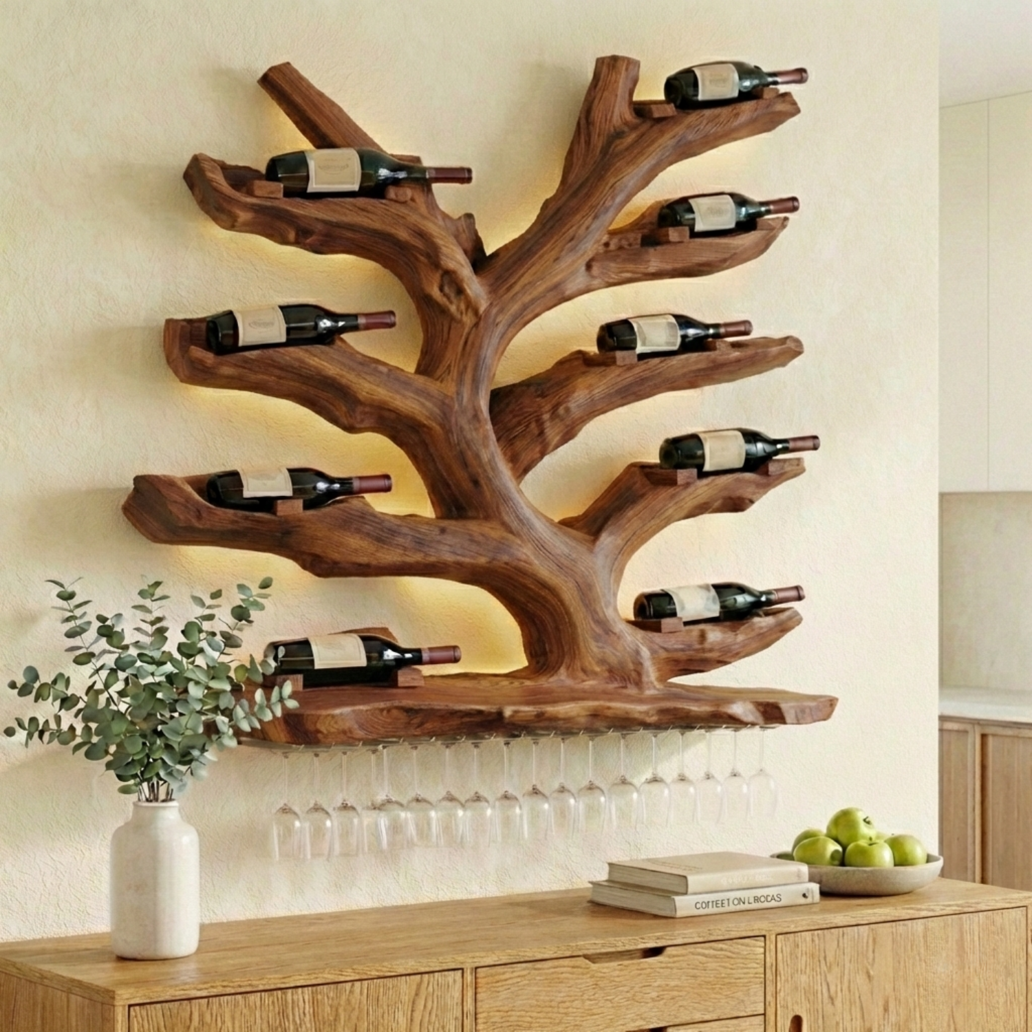 Handcrafted Solid Wood Wall Wine Holder – Tree-Inspired Wine Rack with Glass Storage