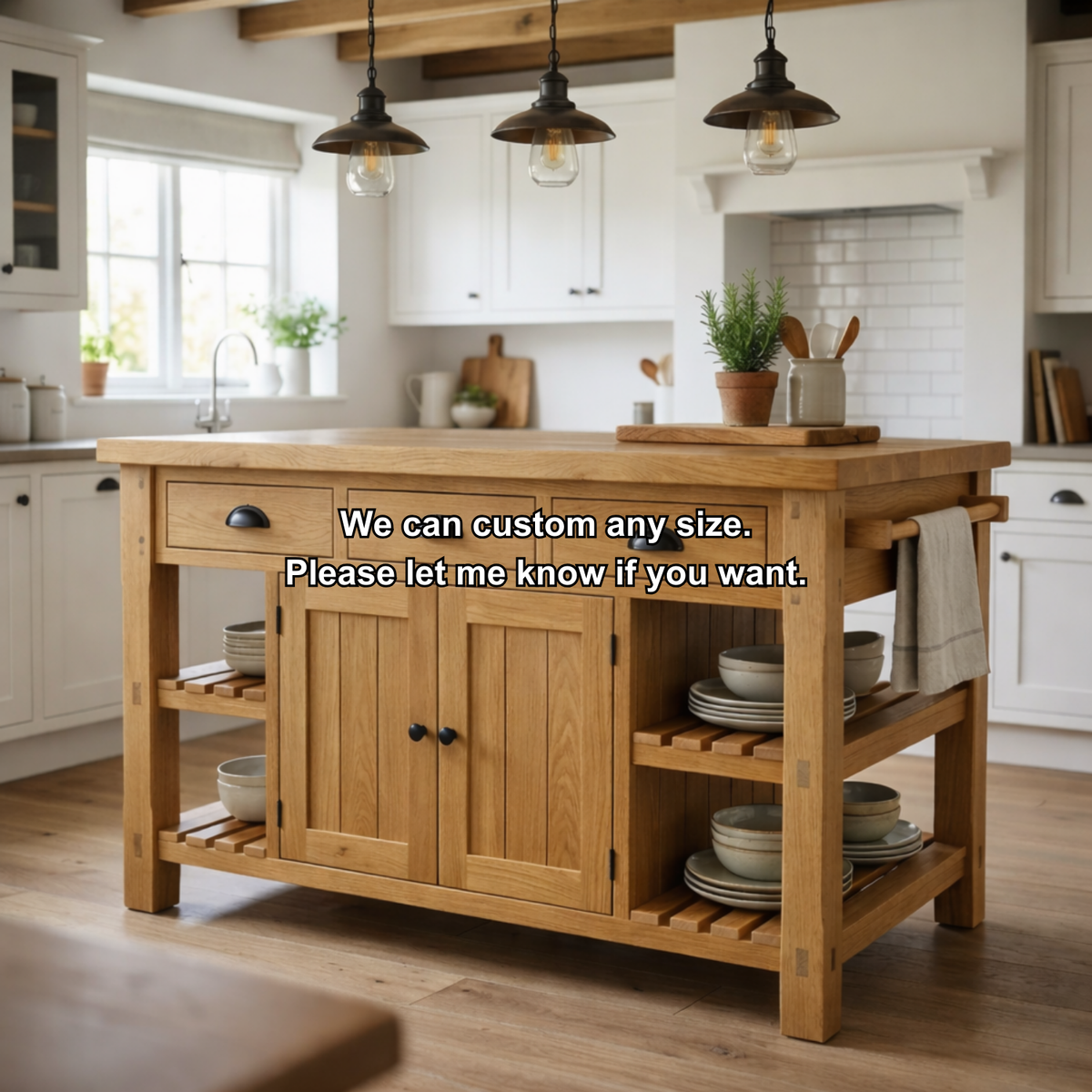 Farmhouse Solid Wood Kitchen Island with 3 Drawers, Cabinet and Open Shelves Kitchnce