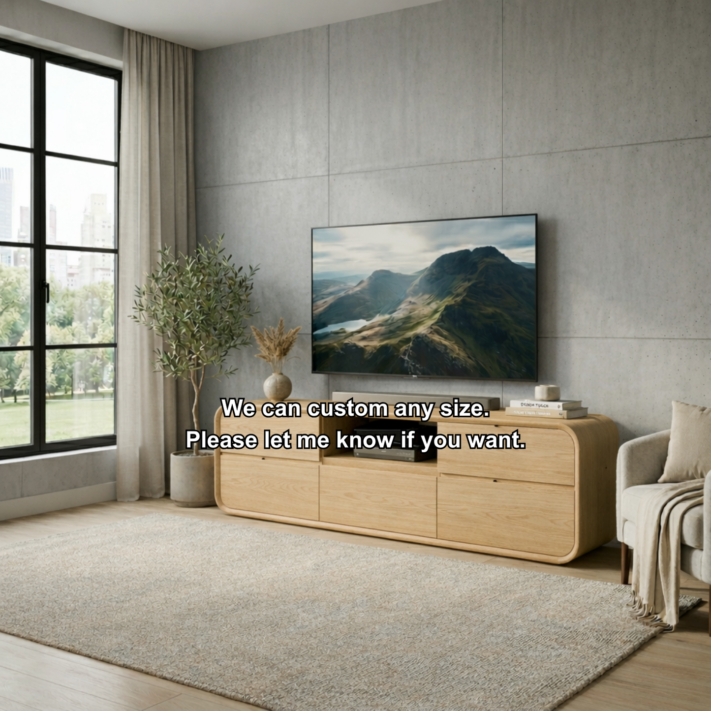 Solid Wood TV Stand with Drawers and Open Shelf – Modern Rounded Media Console Kitchnce