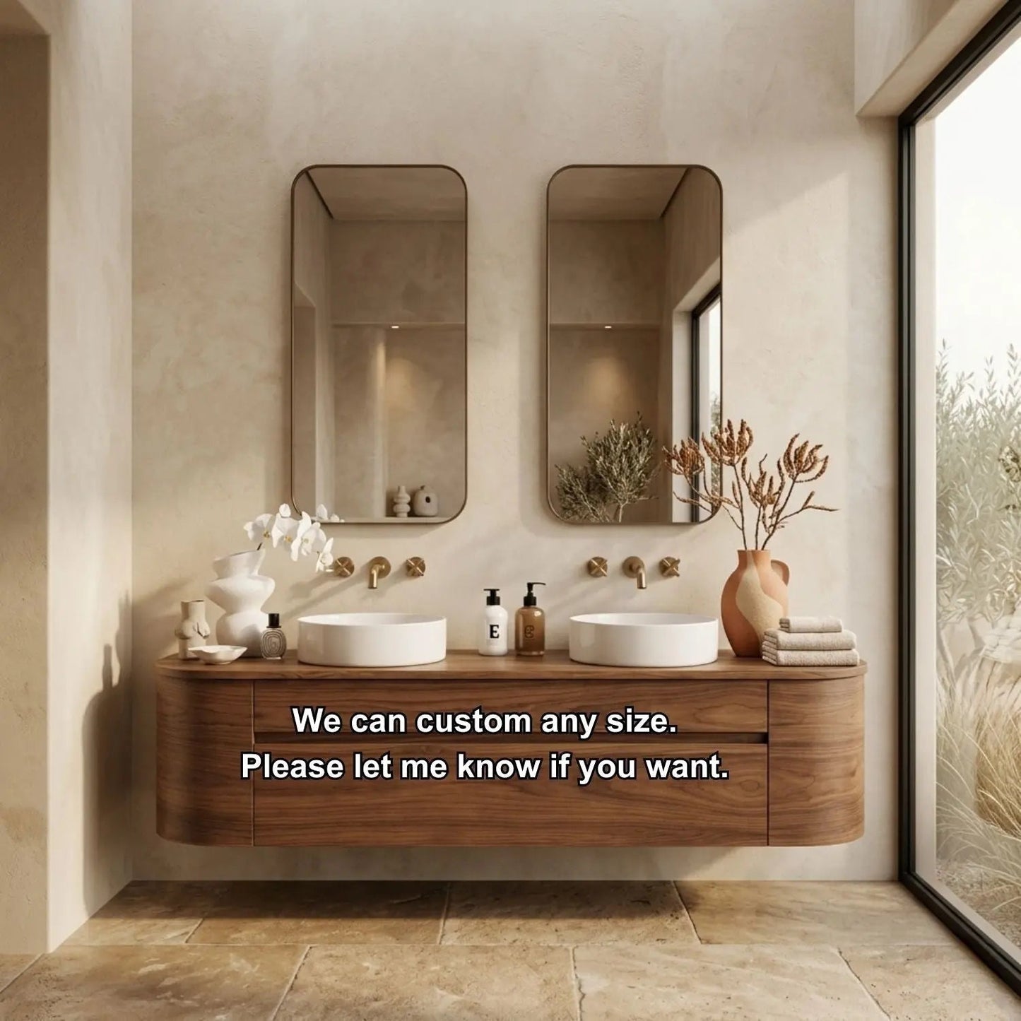 Handcrafted Wood Floating Double Vanity - Solid Wood Mid-Century Modern Bathroom Cabinet Kitchnce