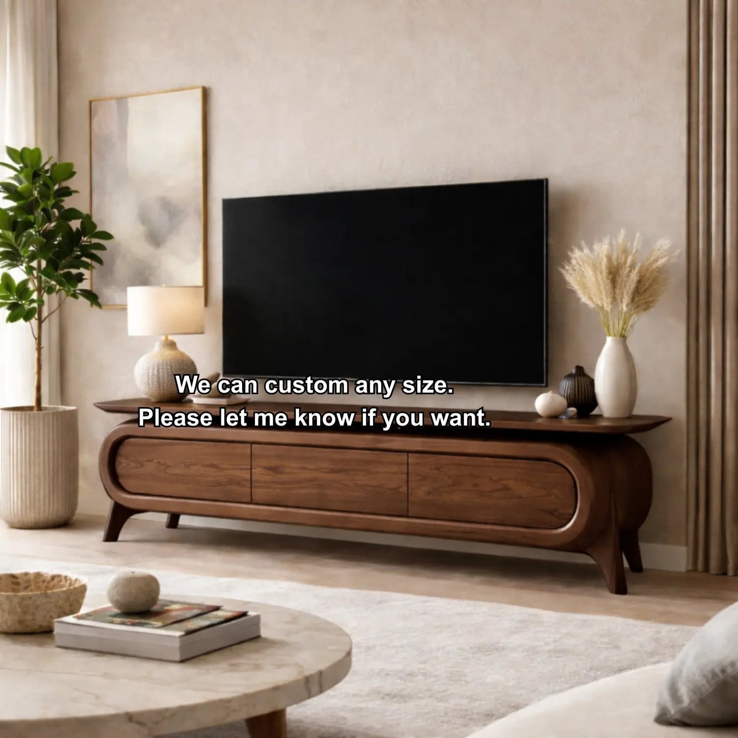 Solid Wood TV Stand with Rounded Frame Design and Three Drawer Media Storage Kitchnce
