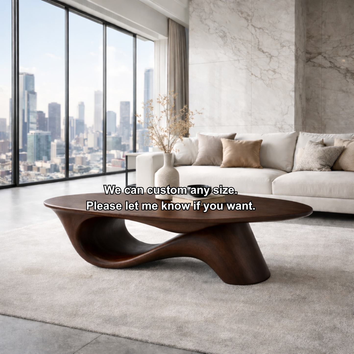 Organic Solid Wood Coffee Table with Sculpted Base – Modern Designer Living Room Table Kitchnce