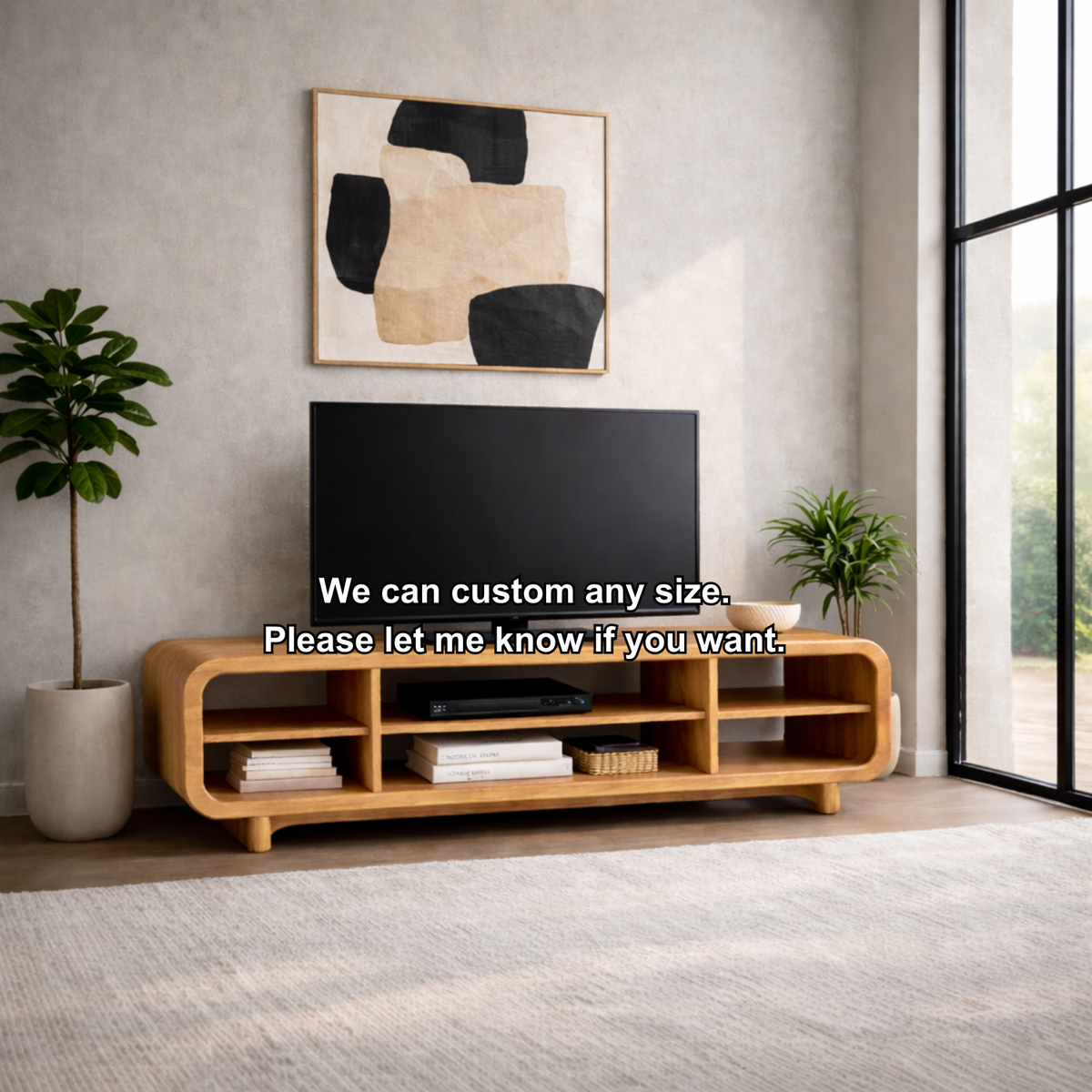 Curved Solid Wood TV Stand with Open Shelves – Modern Minimalist Media Console Kitchnce