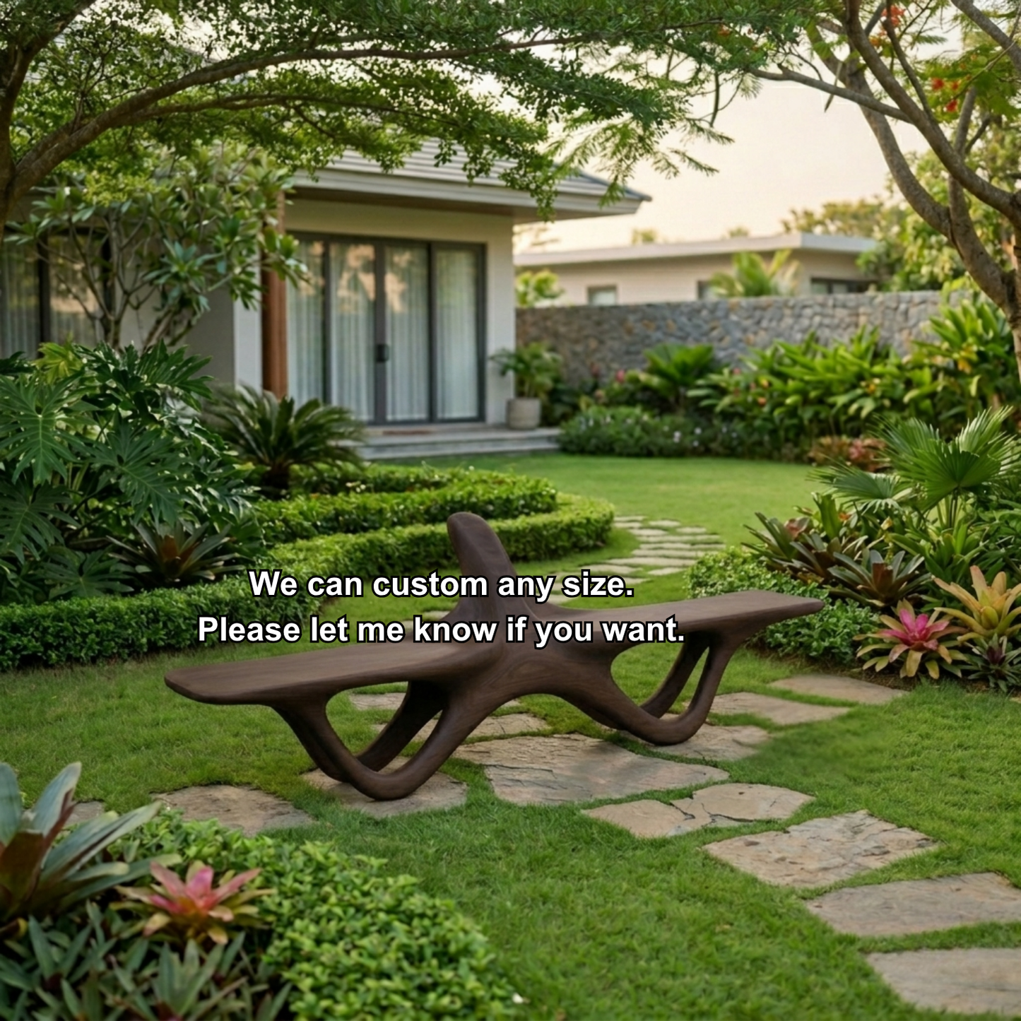Solid Wood Outdoor Bench Sculptural Organic Form with Curved Flowing Base Design