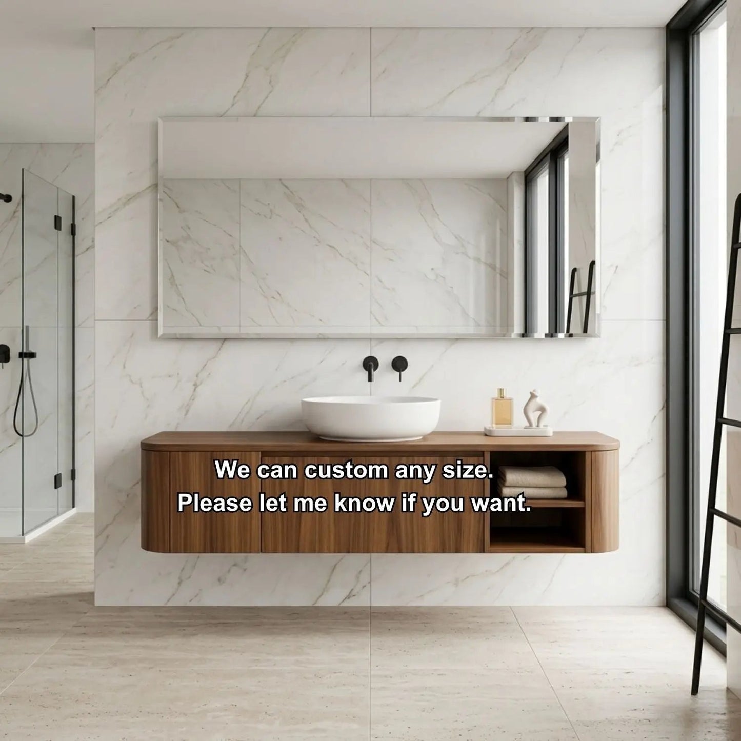 Floating Bathroom Vanity with Rounded Side Panel and Open Shelf Storage Cabinet Kitchnce