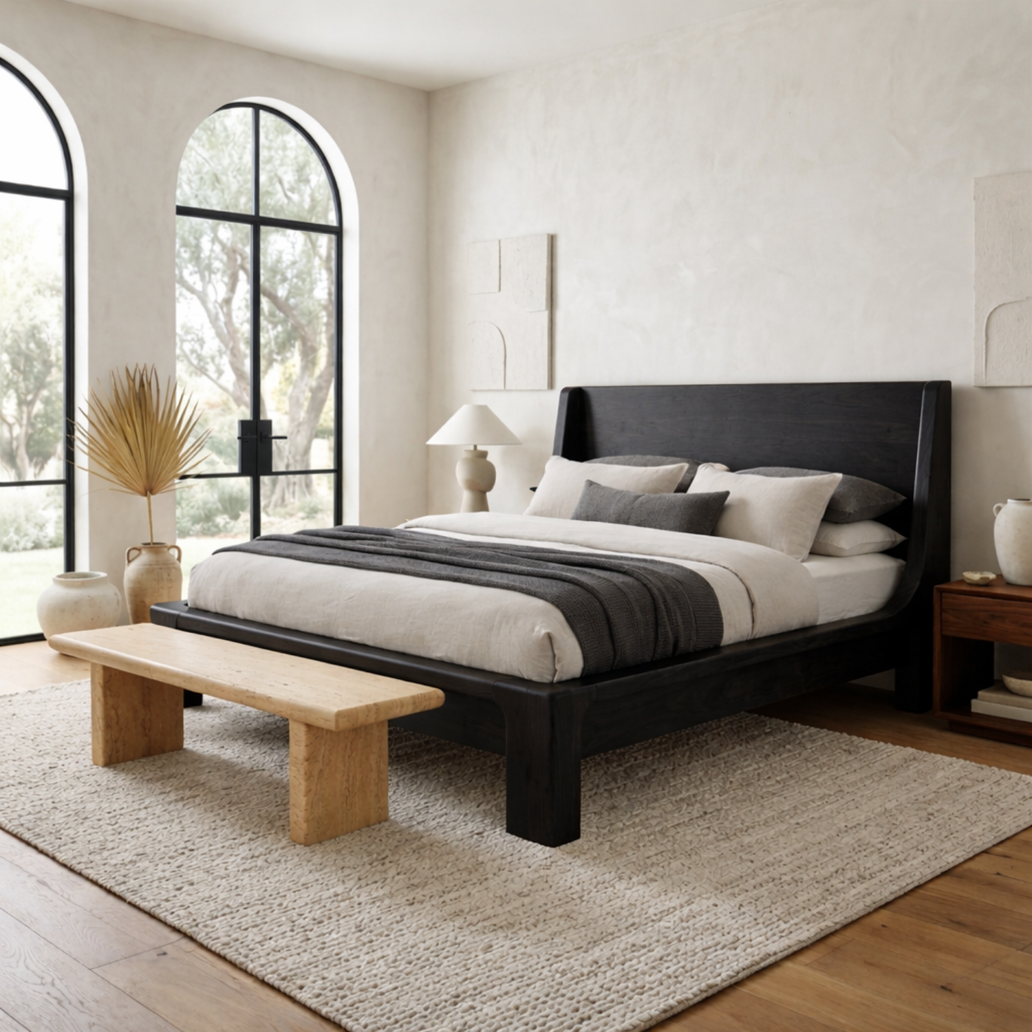 Solid Wood Platform Bed Frame with Curved Wingback Headboard
