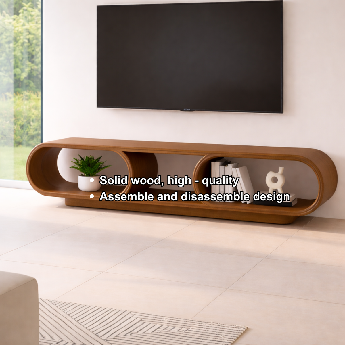 Contemporary Solid Wood TV Stand with Oval Open Storage and Stylish Design Kitchnce