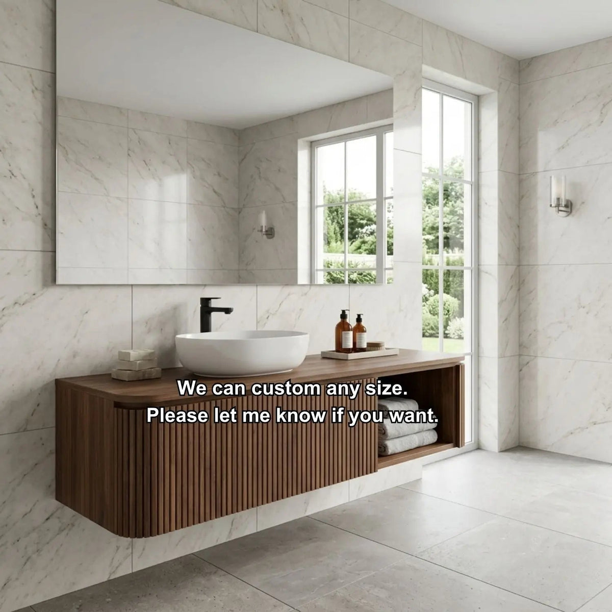 Floating Bathroom Vanity with Fluted Wood Front and Open Shelf Storage Kitchnce