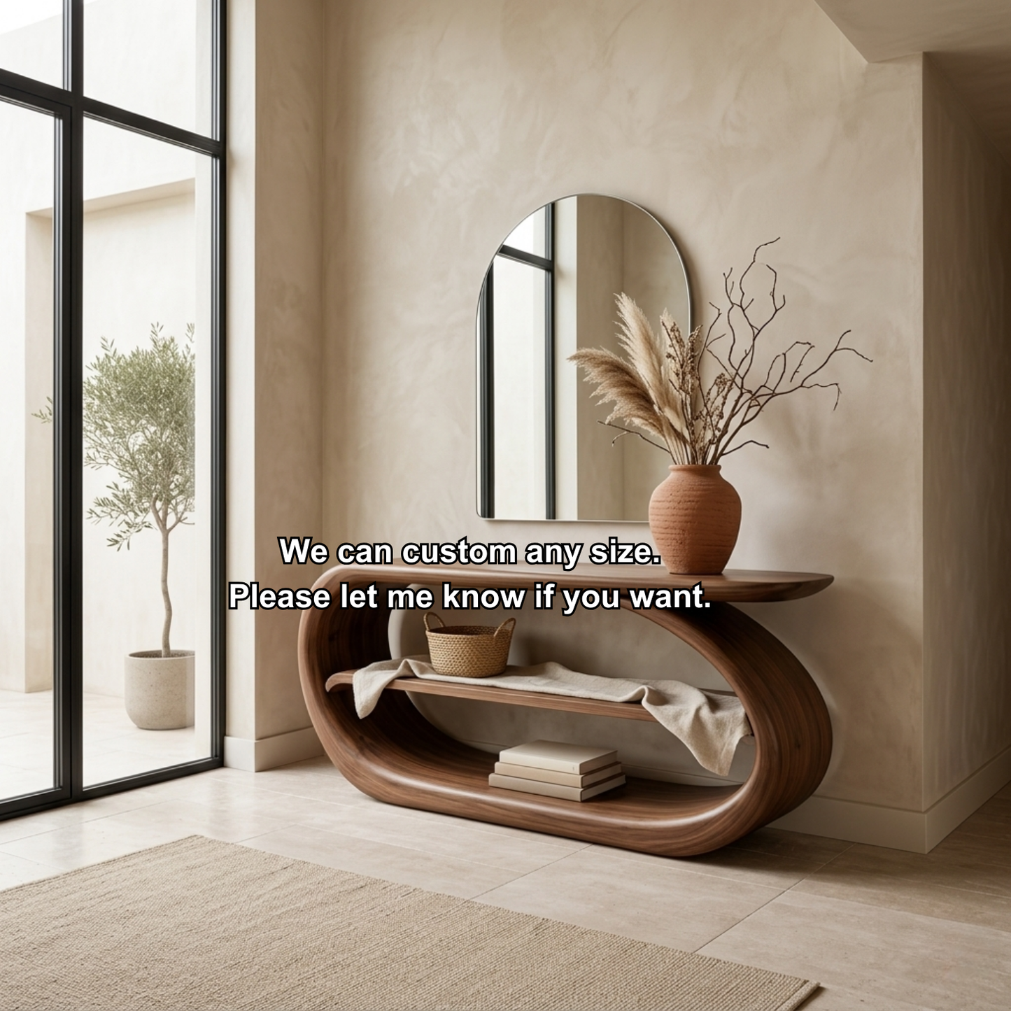 Sculptural Solid Wood Console Table with Curved Base and Shelf – Modern Entryway Table