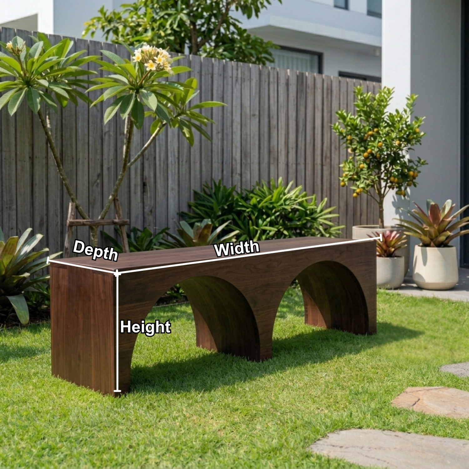 Solid Wood Outdoor Bench with Double Arch Base Minimalist Rectangular Design