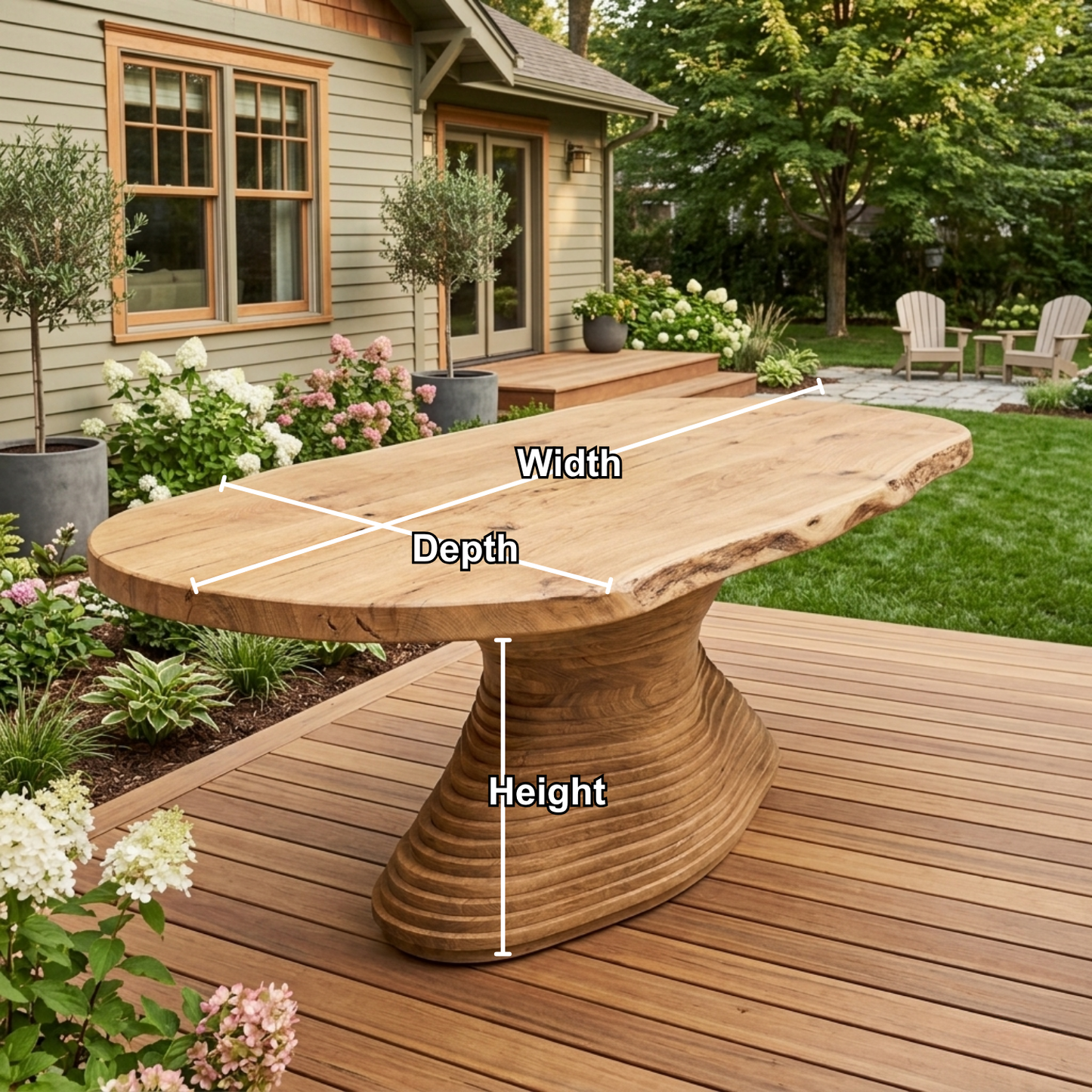 Live Edge Solid Wood Outdoor Dining Table with Sculptural Spiral Pedestal Base