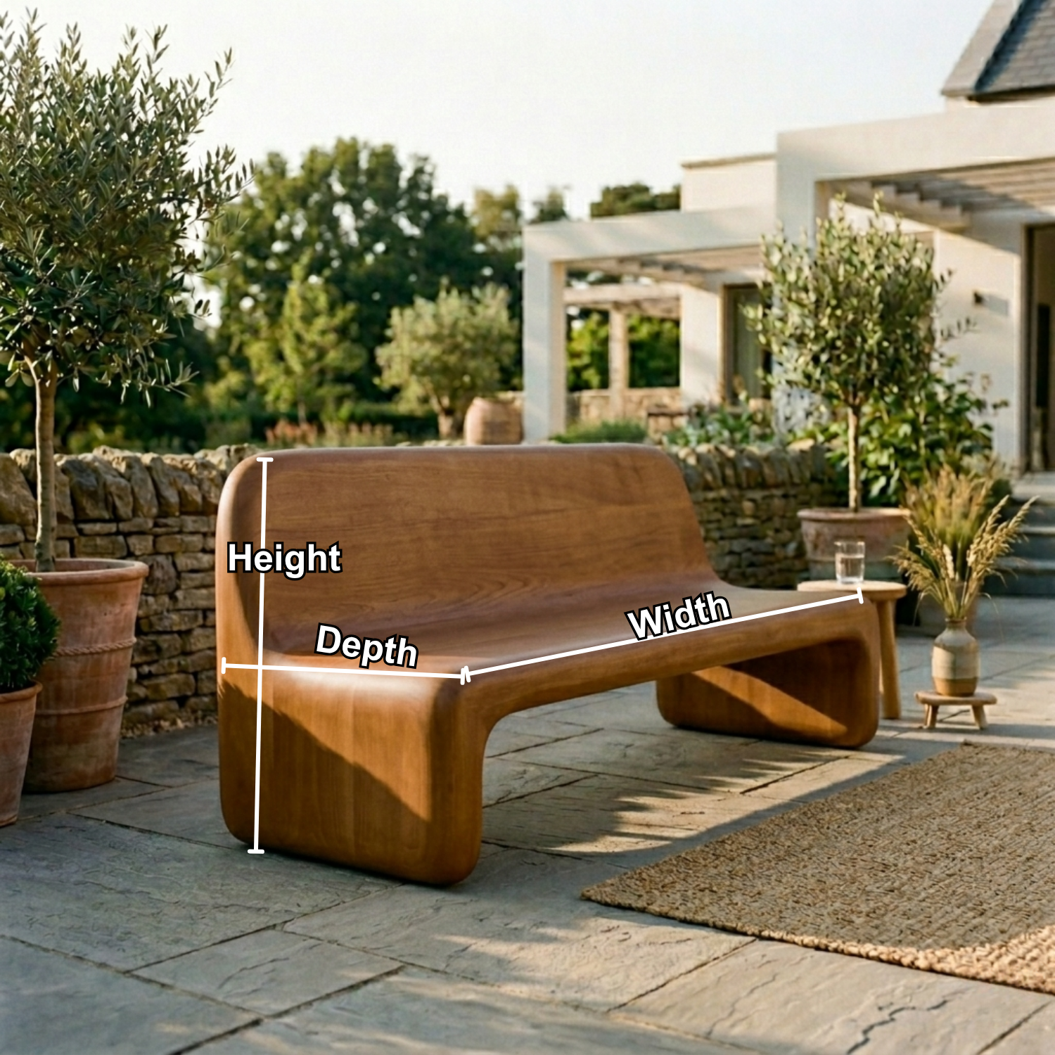 Handcrafted Solid Wood Outdoor Sofa – Sculptural Curved Patio Bench Seat