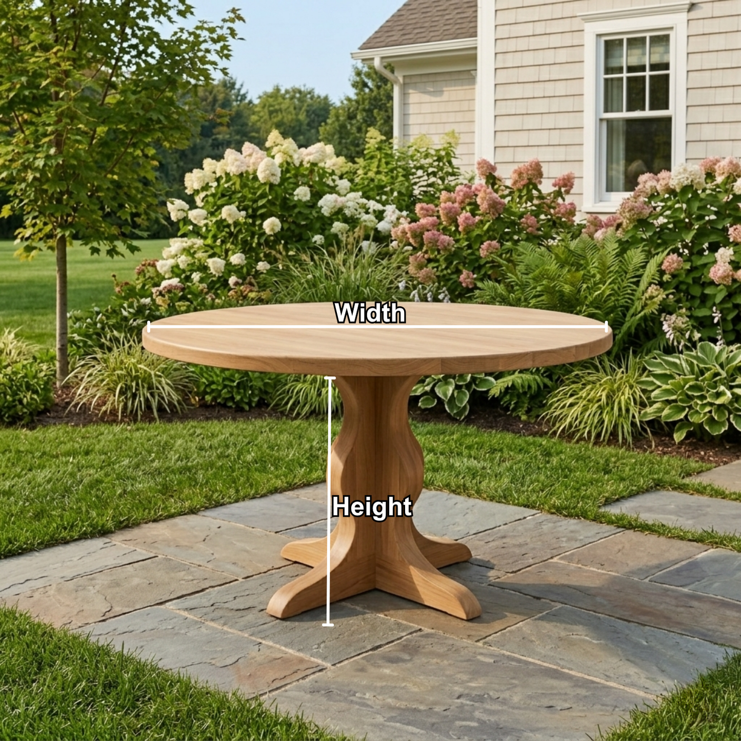Round Solid Wood Outdoor Dining Table with Sculptural Pedestal Base
