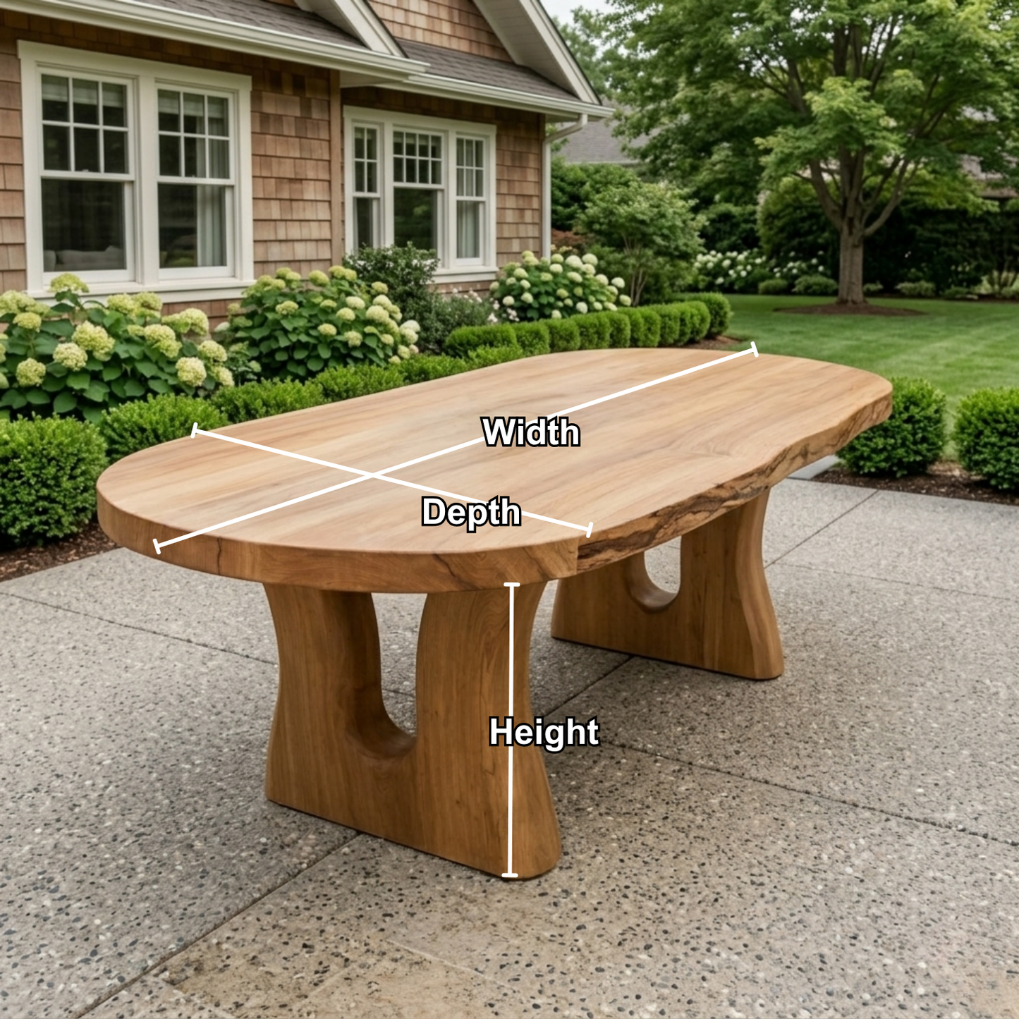 Live Edge Solid Wood Outdoor Dining Table with Sculpted Double Arch Base