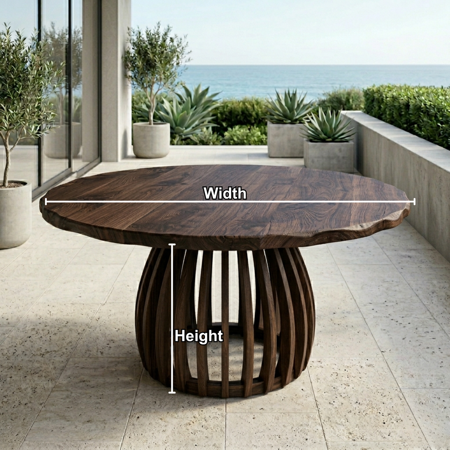 Round Live Edge Solid Wood Outdoor Dining Table with Sculptural Slatted Pedestal Base