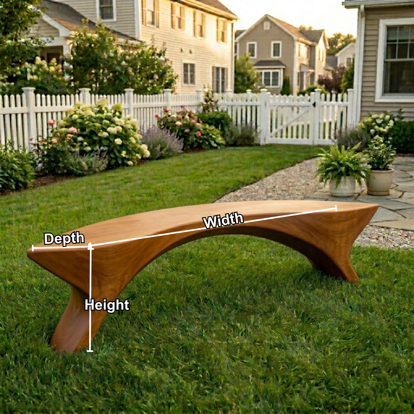 Solid Wood Outdoor Bench Sculptural Curved Design with Organic Arch Base