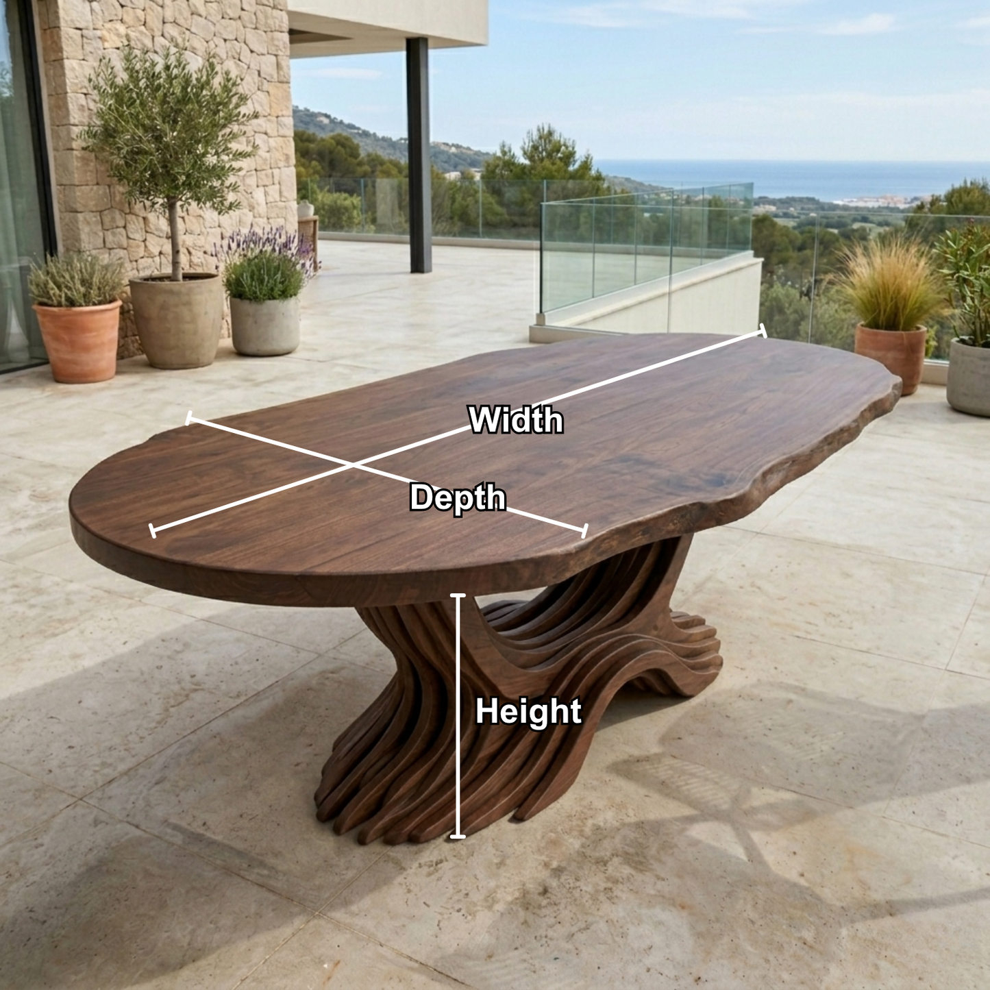 Live Edge Solid Wood Outdoor Dining Table with Sculptural Wave Pedestal Base