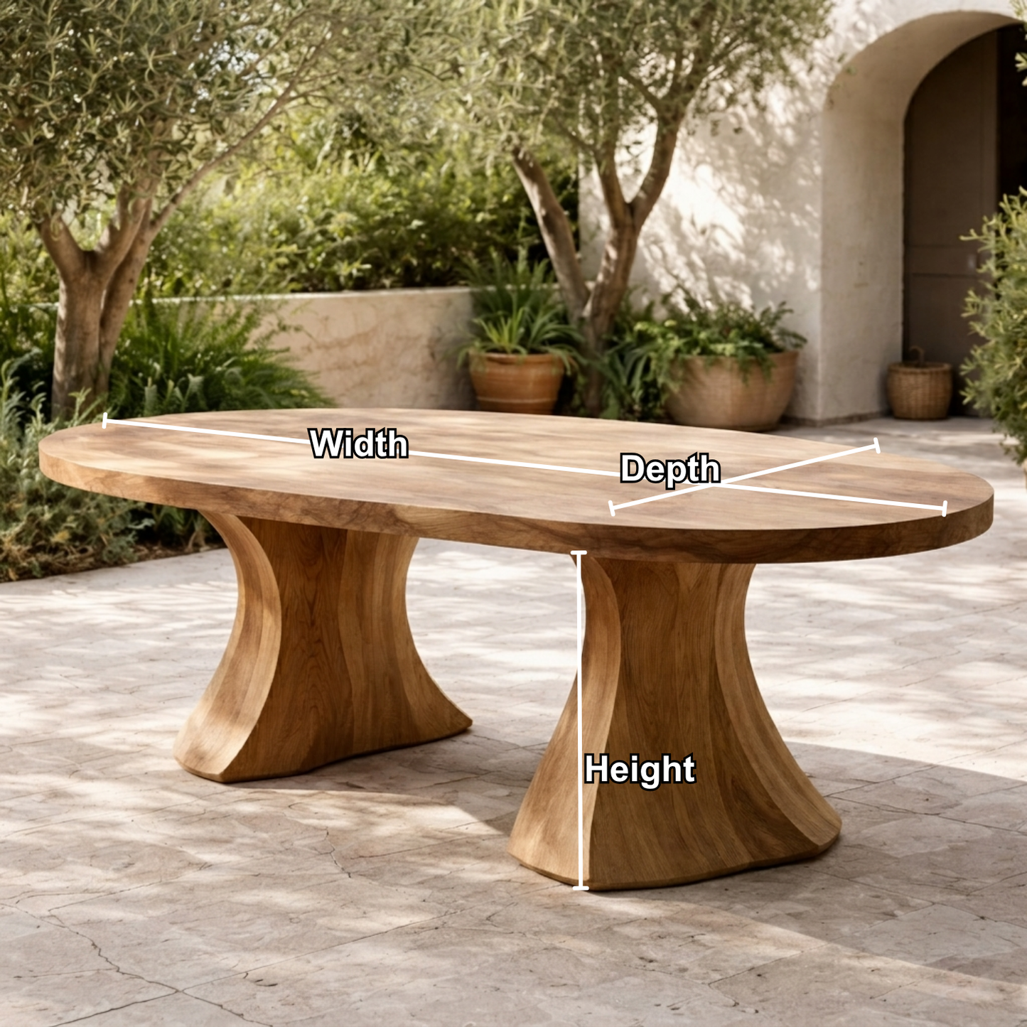 Oval Solid Wood Outdoor Dining Table with Sculpted Pedestal Bases