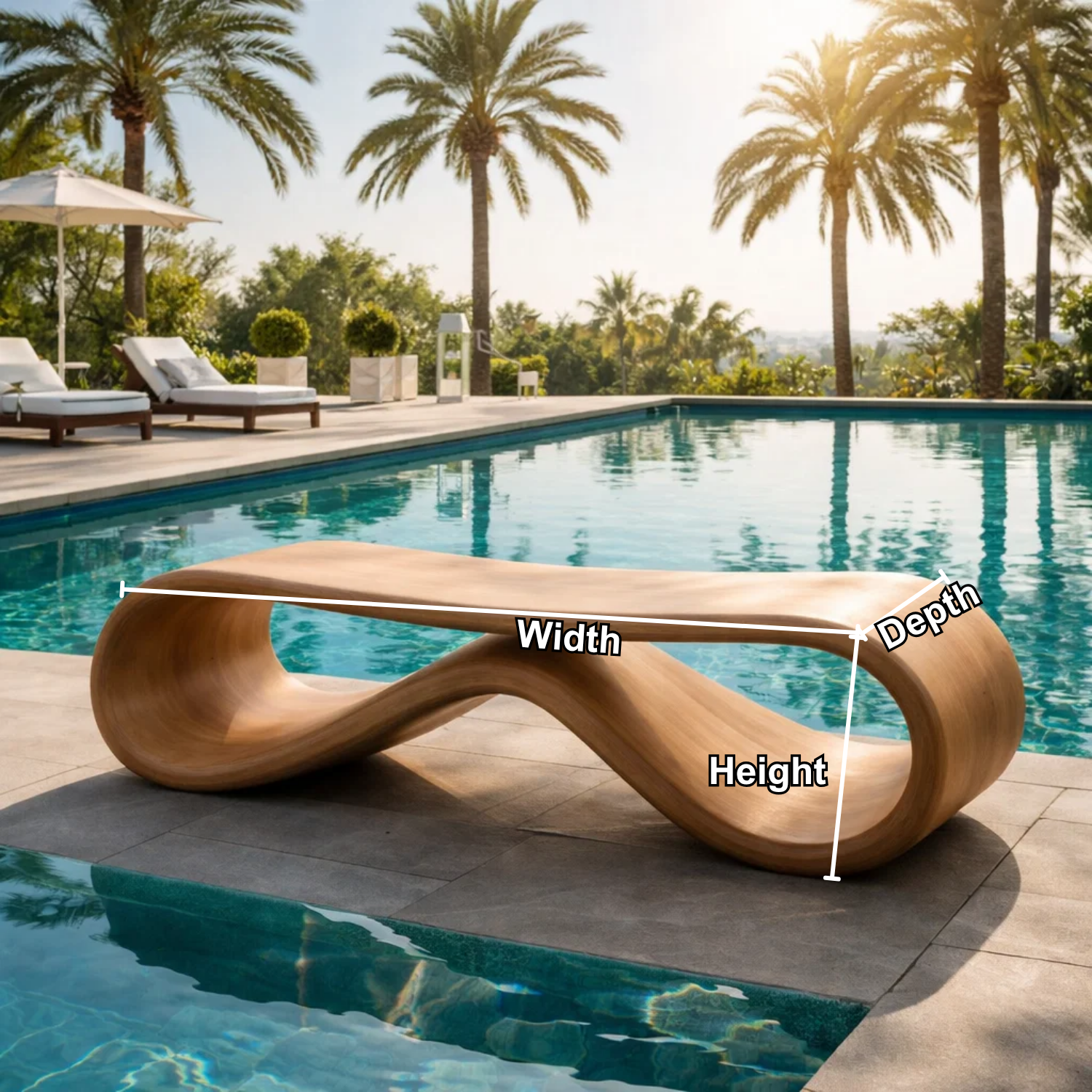 Handcrafted Outdoor Solid Wood Bench Sculptural Wave Form Modern Poolside Seating