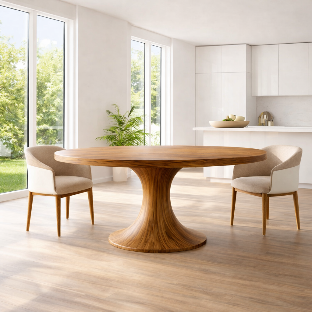 Modern Solid Wood Round Dining Table with Sculptural Pedestal Base